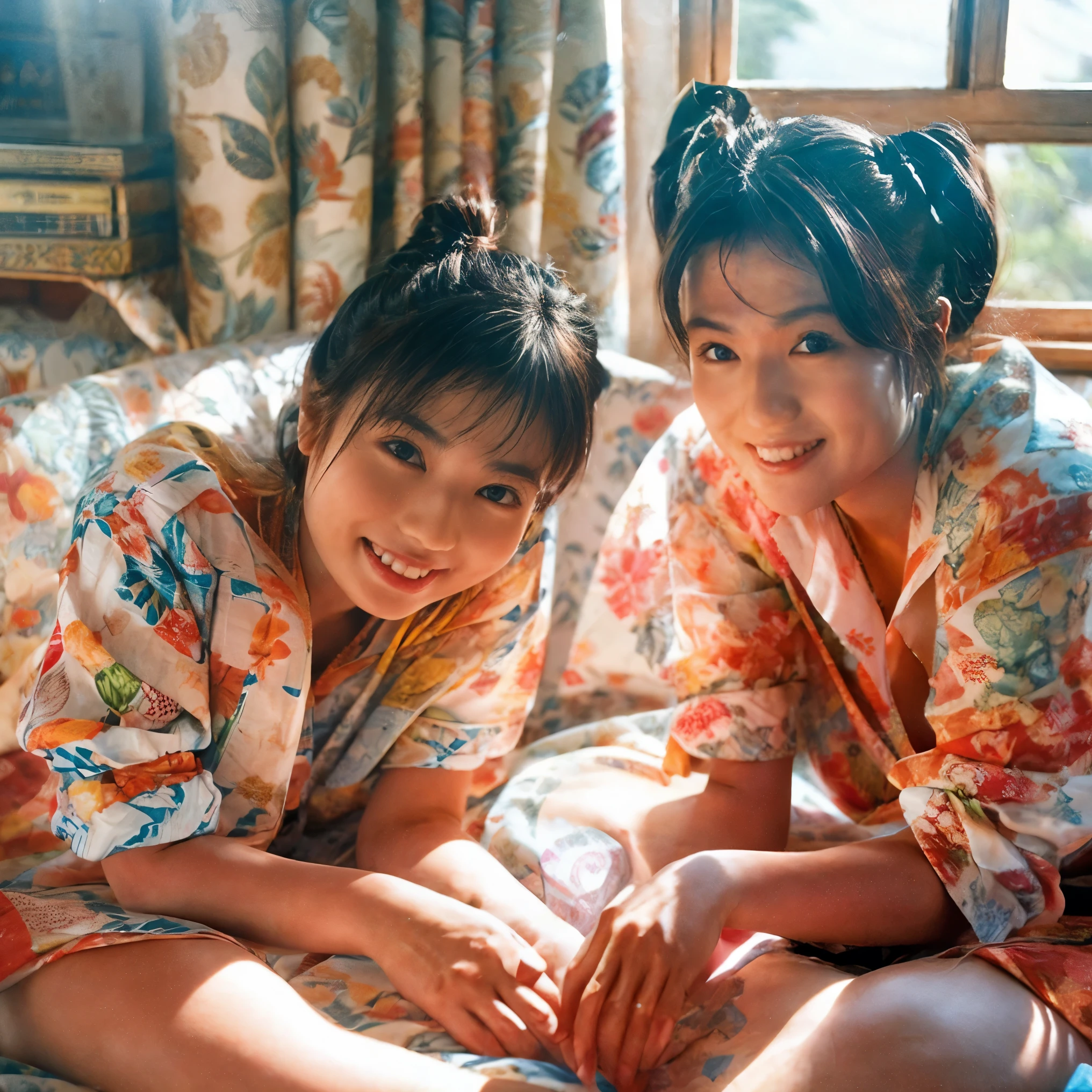 1. Positive film-style, cozy home setting: Identical twin sisters sitting cross-legged on a bed with vibrant patterned sheets, illuminated by soft natural light streaming through a nearby window. One twin looks at the camera with a relaxed smile, while the other stretches with a sleepy expression.