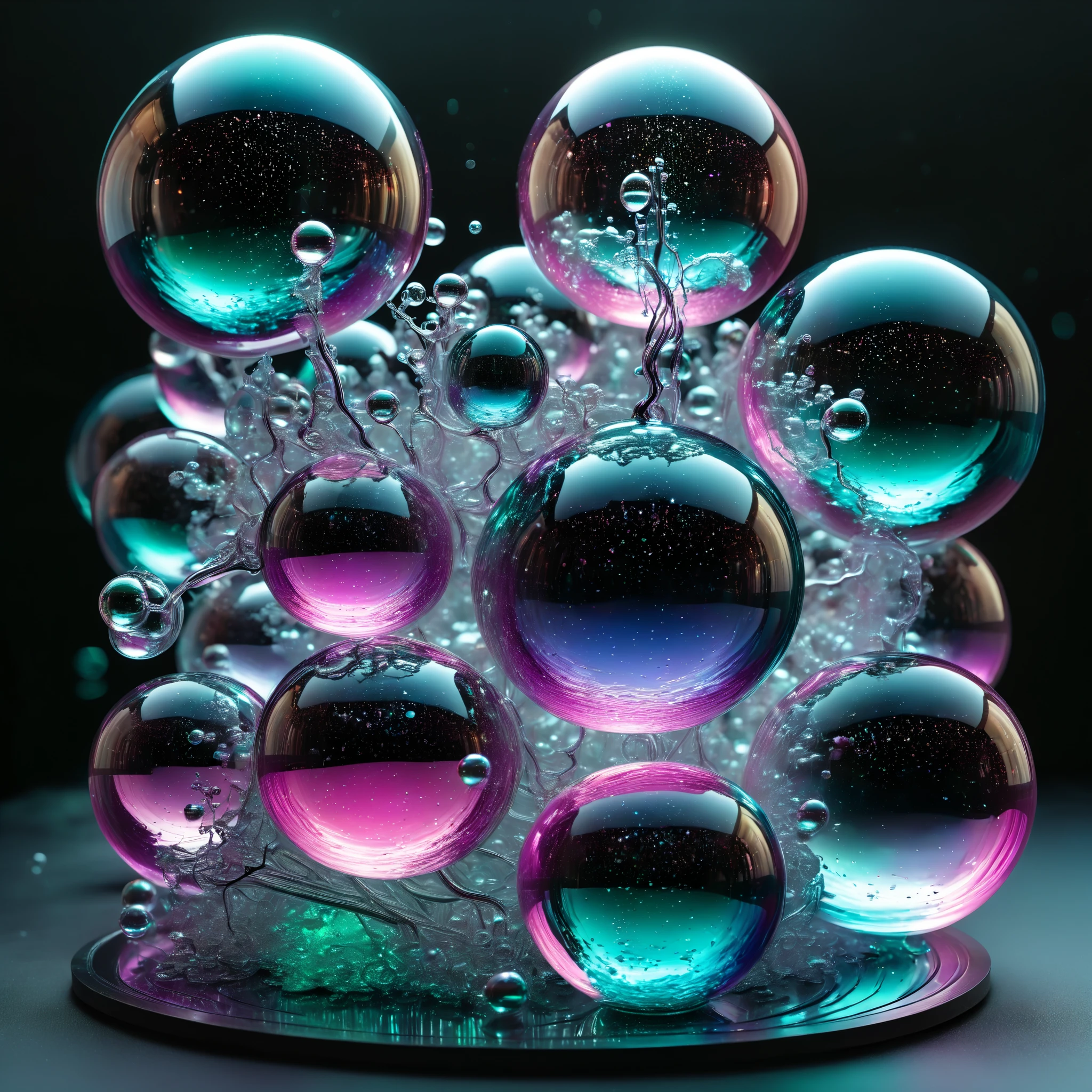 Electric lit up wires make up the body of this glass structure with perfectly formed 3d glass spheres and orbs that are filled with images of women who are incredibly attractive giving a facial suggestion. Against a dark background with soap bubbles surrounding the glass Orbs and spheres whoch are glowing light and have a natural reflection, 4d mandelbulb psychedelic landscape,bright overexposed backlighting with depth of field,award winning masterpiece,pixel art,portrait photography,photorealistic,hyperdetailed,glass morphism,sparkle,optical illusion,rotational symmetry,best quality,8k,ultra-fine details. Within the black of the abyss, intense bright, colorful, perfectly symmetrical glass spheres with images glowing hot pink and neon green scenes of women. High fantasy, magical effects,portrait photography, cinematic photography, photorealistic UHD, intricate, complex, attention to detail, optical illusions, unique patterns and designs, avant garde, masterpiece. Light is emerging from colors in a psychedelic dream, shimmering glass morphing out of colors, tripped out vibrant colors, perfectly formed beautiful reflective bubbles, attention to detail on the bubbles and spheres, beautiful psychedelic digital art, pixel art, trippy colors, 4d mandelbulb psychedelics, glass like psychedelic landscape, intricate rainbow environment, psychedelic underwater brightness, neon colors, bright colors, psychedelic trip, fluorescent psychedelic aesthetic, psychedelic vibrant colors, bright psychedelic neon colors, paint splattered backgrounds,swirling spirals and vortex, bright vibrant colors popping out from 3d glass spheres, Pixel Assets, Portrait photography, surrealism, Photorealistic, Hyperdetailed, Glass Morphism, Digital Art, Sparkle, Optical Illusion, Glowing Light, Reflection Light, Overexposure, Backlighting, Depth Of Field, Rotational Symmetry, UHD, High Details, High Quality, Super Detailed, Best Quality, Award Winning, Masterpiece.