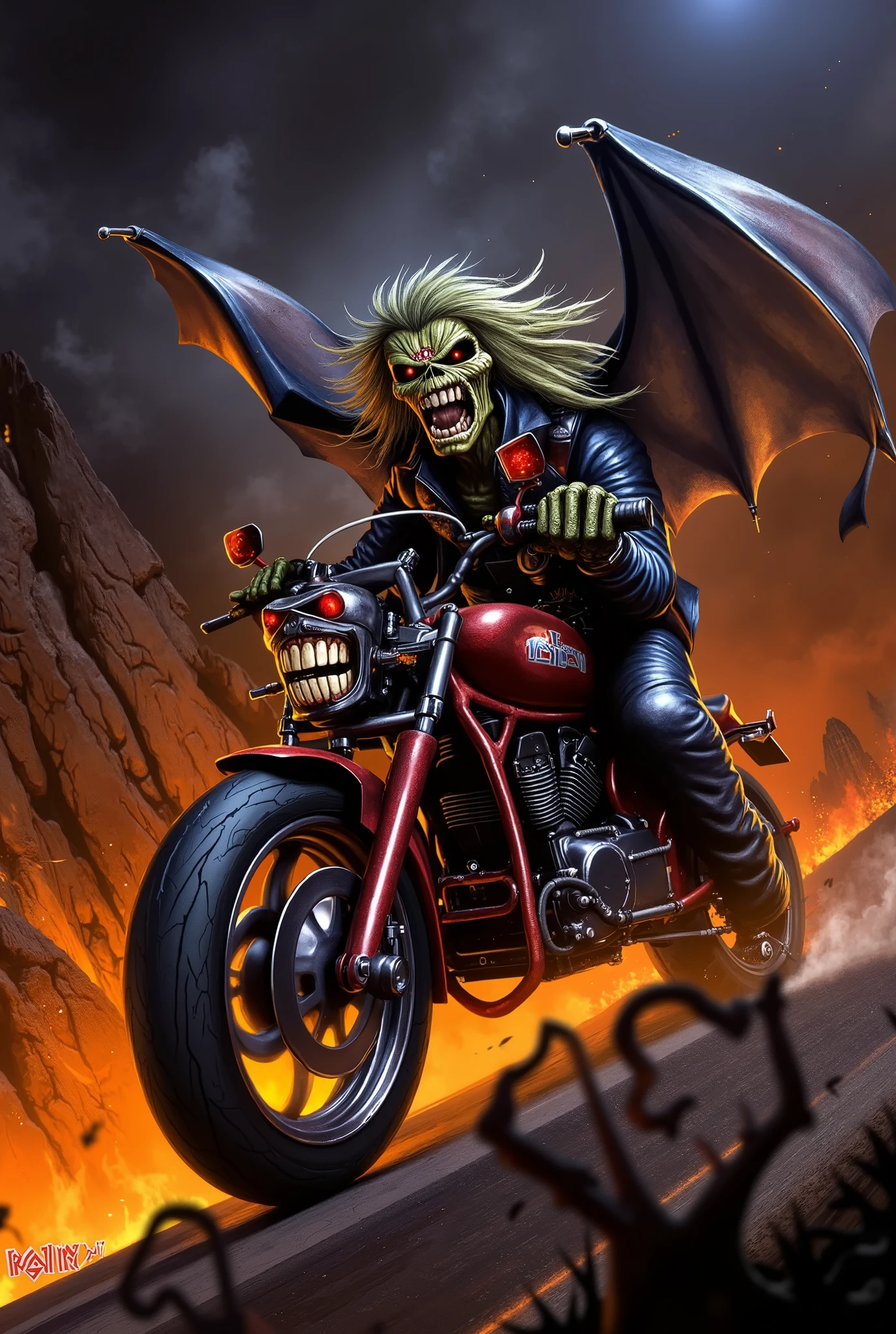 arafed view of Eddie in a custo motorcycle on road of death, iron maiden album cover.