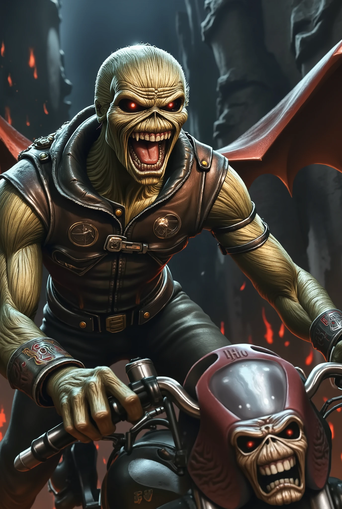 arafed view of Eddie in a custo motorcycle on road of death, iron maiden album cover.