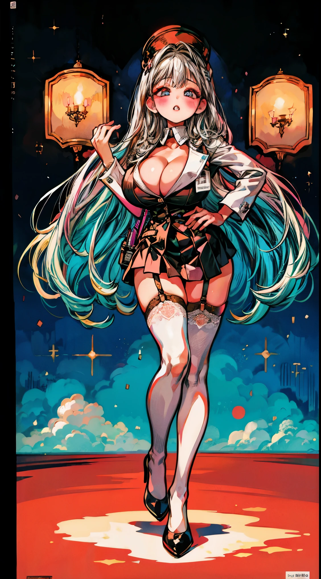 Head to toe, reference-sheet, fullbody, standing up ref-sheet (Masterpiece, Best quality, High quality:1.4), (Curvy:1.1), Standing up at your desk, Office, (Full body shot:1.1),
Long white hair, blush, Makeup, Ultra Detail Hair, Ultra Detail Face, (Blue eyes:1.05), Perfect eyes, Perfect face, Earrings, (Confused, Blush:1.2), (a garter belt:1.1), pencil skirts, lab coat, office uniform, high-heels, tall, long sexy legs, (Large breasts:1.1), cleavage, Big ass, Thighs,