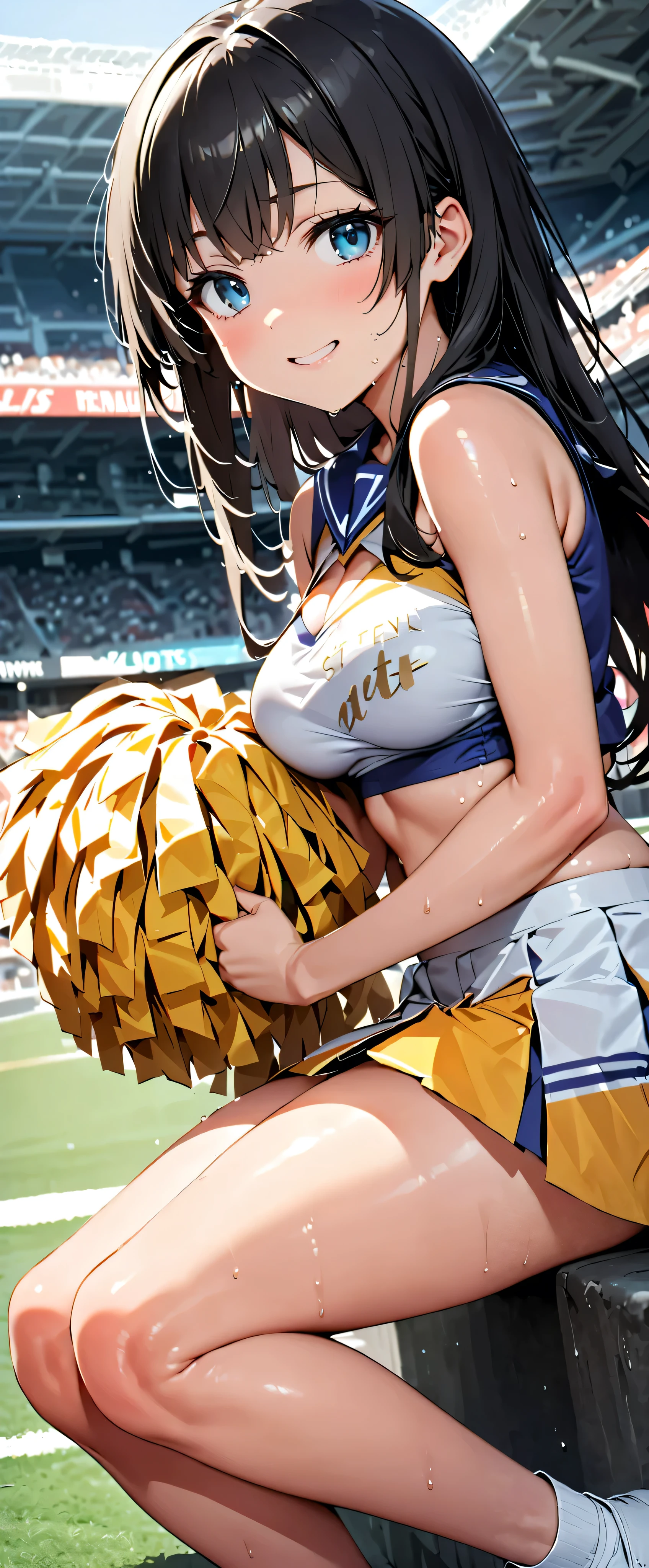 (Masterpiece, best quality , super A high resolution),Japanese woman alone, ((( very pretty girl))), Cute Girl 、Staring at the photographer、 (()), very cute face , glossy lips, , natural smile 、 natural cosmetics, long lashes, Glossy smooth hair、, Perfect Limbs , perfect anatomy,(((Shining cheer uniforms, cheerleader, cheerleader, tube top)))) Stadium,Saten Ruiko, is sweaty,((( tube top)))Gloss Lip, with a cheerful smile