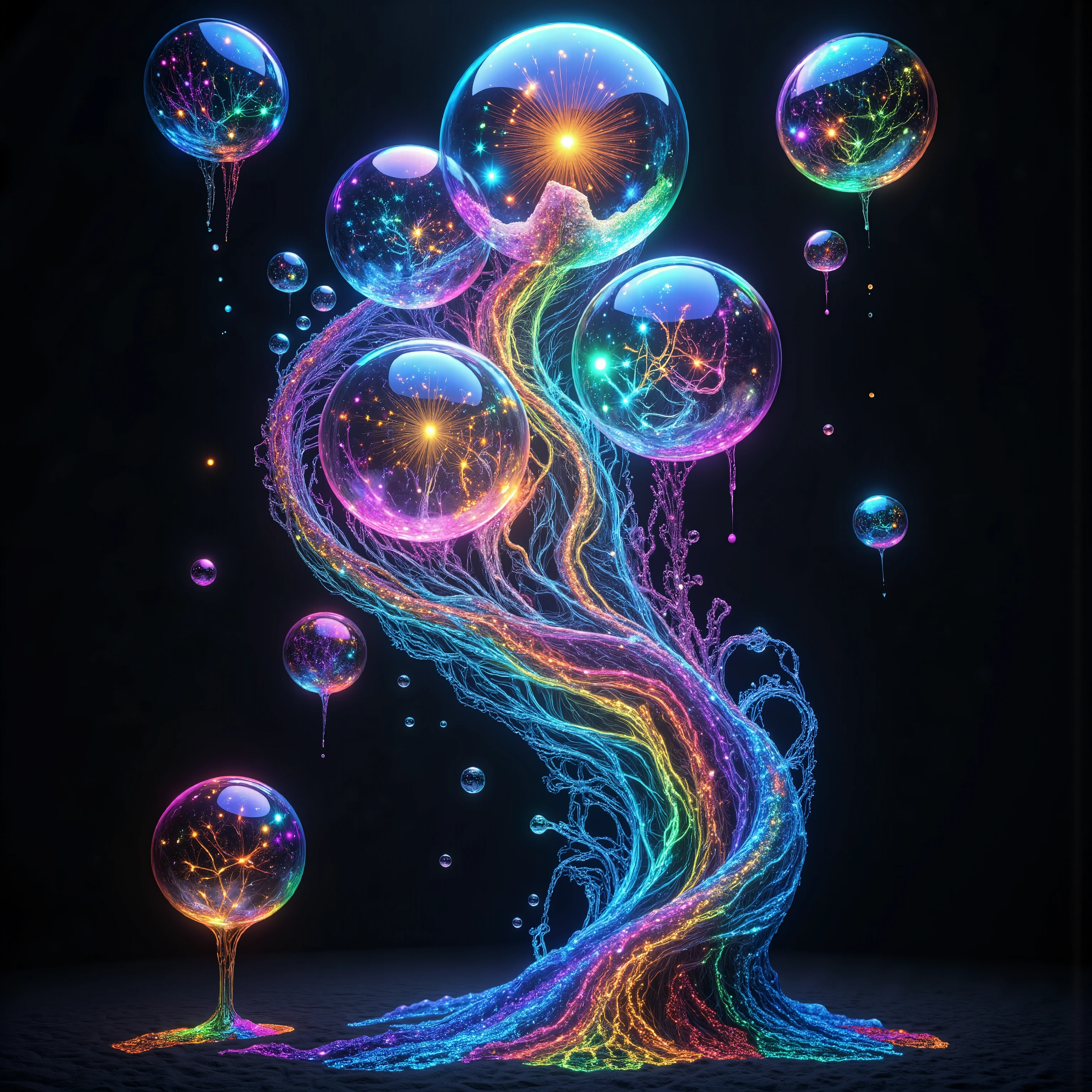 a psychedelic digital art,ultra-detailed vibrant fluorescent neon colors,intricate rainbow glass-like environment,shimmering glass bubbles morphing out of swirling colors,glowing light and reflection,4d mandelbulb psychedelic landscape,bright overexposed backlighting with depth of field,award winning masterpiece,pixel art,portrait photography,photorealistic,hyperdetailed,glass morphism,sparkle,optical illusion,rotational symmetry,best quality,8k,ultra-fine detailsWithin the black of the abyss, intense bright, colorful, perfectly symmetrical glass spheres containing the glowing light of acidzlime within the glass. Smaller glass orbs beneath that melt and drip vibrant colorful symetrical patterns that cover the ground and merge together in a quilt of intricate and complex designs. High fantasy, magical effects,Portrait photography, cinematic photography, photorealistic UHD, intricate, complex, attention to detail, optical illusions, unique patterns and designs, avant garde, masterpiece. Light is emerging from colors in a psychedelic dream, shimmering glass morphing out of colors, tripped out vibrant colors, perfectly formed beautiful reflective bubbles, attention to detail on the bubbles and spheres, beautiful psychedelic digital art, pixel art, trippy colors, 4d mandelbulb psychedelics, glass like psychedelic landscape, intricate rainbow environment, psychedelic underwater brightness, neon colors, bright colors, psychedelic trip, fluorescent psychedelic aesthetic, psychedelic vibrant colors, bright psychedelic neon colors, paint splattered backgrounds,swirling spirals and vortex, bright vibrant colors popping out from 3d glass spheres, Pixel Assets, Portrait photography, surrealism, Photorealistic, Hyperdetailed, Glass Morphism, Digital Art, Sparkle, Optical Illusion, Glowing Light, Reflection Light, Overexposure, Backlighting, Depth Of Field, Rotational Symmetry, UHD, High Details, High Quality, Super Detailed, Best Quality, Award Winning, Masterpiece.