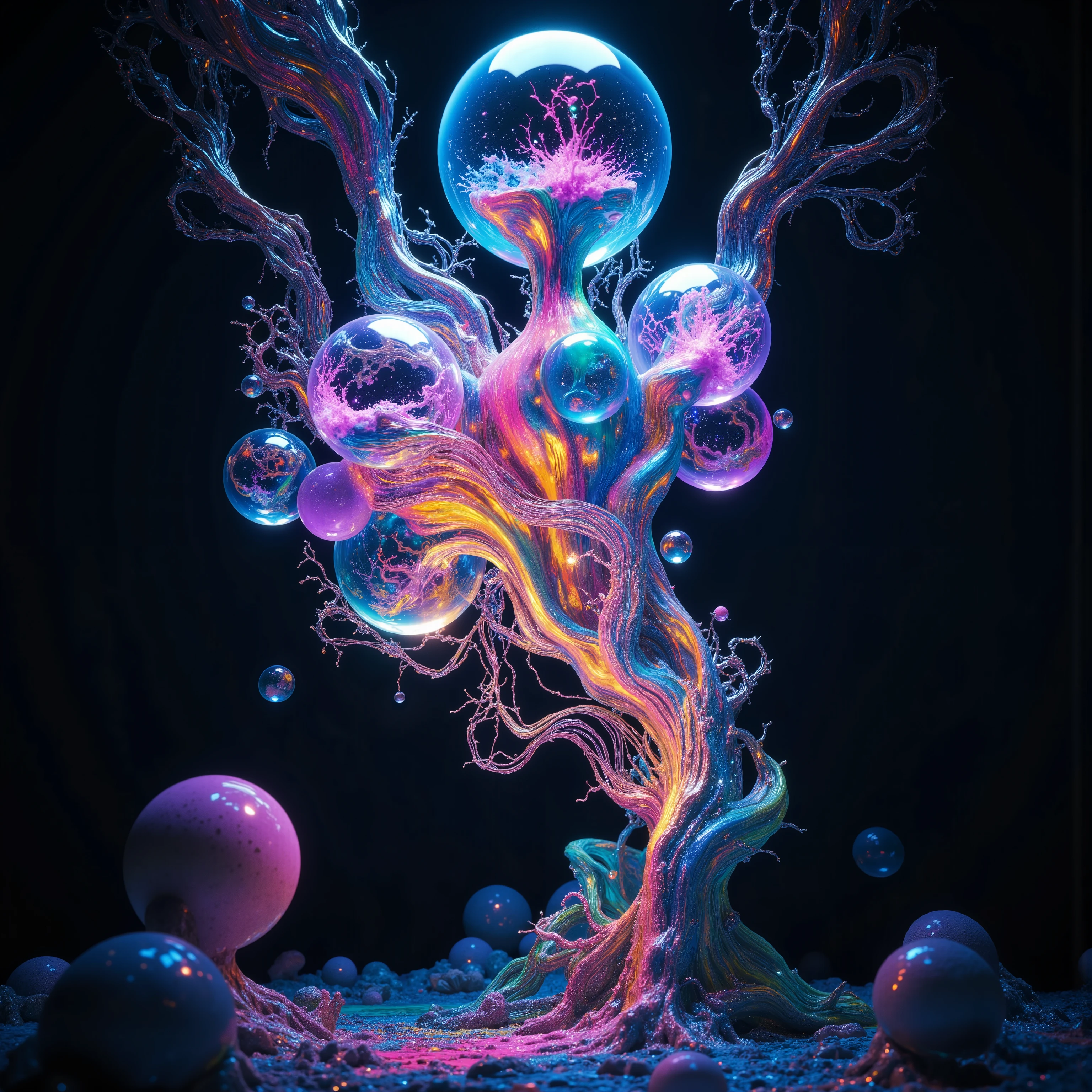 a psychedelic digital art,ultra-detailed vibrant fluorescent neon colors,intricate rainbow glass-like environment,shimmering glass bubbles morphing out of swirling colors,glowing light and reflection,4d mandelbulb psychedelic landscape,bright overexposed backlighting with depth of field,award winning masterpiece,pixel art,portrait photography,photorealistic,hyperdetailed,glass morphism,sparkle,optical illusion,rotational symmetry,best quality,8k,ultra-fine detailsWithin the black of the abyss, intense bright, colorful, perfectly symmetrical glass spheres containing the glowing light of acidzlime within the glass. Smaller glass orbs beneath that melt and drip vibrant colorful symetrical patterns that cover the ground and merge together in a quilt of intricate and complex designs. High fantasy, magical effects,Portrait photography, cinematic photography, photorealistic UHD, intricate, complex, attention to detail, optical illusions, unique patterns and designs, avant garde, masterpiece. Light is emerging from colors in a psychedelic dream, shimmering glass morphing out of colors, tripped out vibrant colors, perfectly formed beautiful reflective bubbles, attention to detail on the bubbles and spheres, beautiful psychedelic digital art, pixel art, trippy colors, 4d mandelbulb psychedelics, glass like psychedelic landscape, intricate rainbow environment, psychedelic underwater brightness, neon colors, bright colors, psychedelic trip, fluorescent psychedelic aesthetic, psychedelic vibrant colors, bright psychedelic neon colors, paint splattered backgrounds,swirling spirals and vortex, bright vibrant colors popping out from 3d glass spheres, Pixel Assets, Portrait photography, surrealism, Photorealistic, Hyperdetailed, Glass Morphism, Digital Art, Sparkle, Optical Illusion, Glowing Light, Reflection Light, Overexposure, Backlighting, Depth Of Field, Rotational Symmetry, UHD, High Details, High Quality, Super Detailed, Best Quality, Award Winning, Masterpiece.