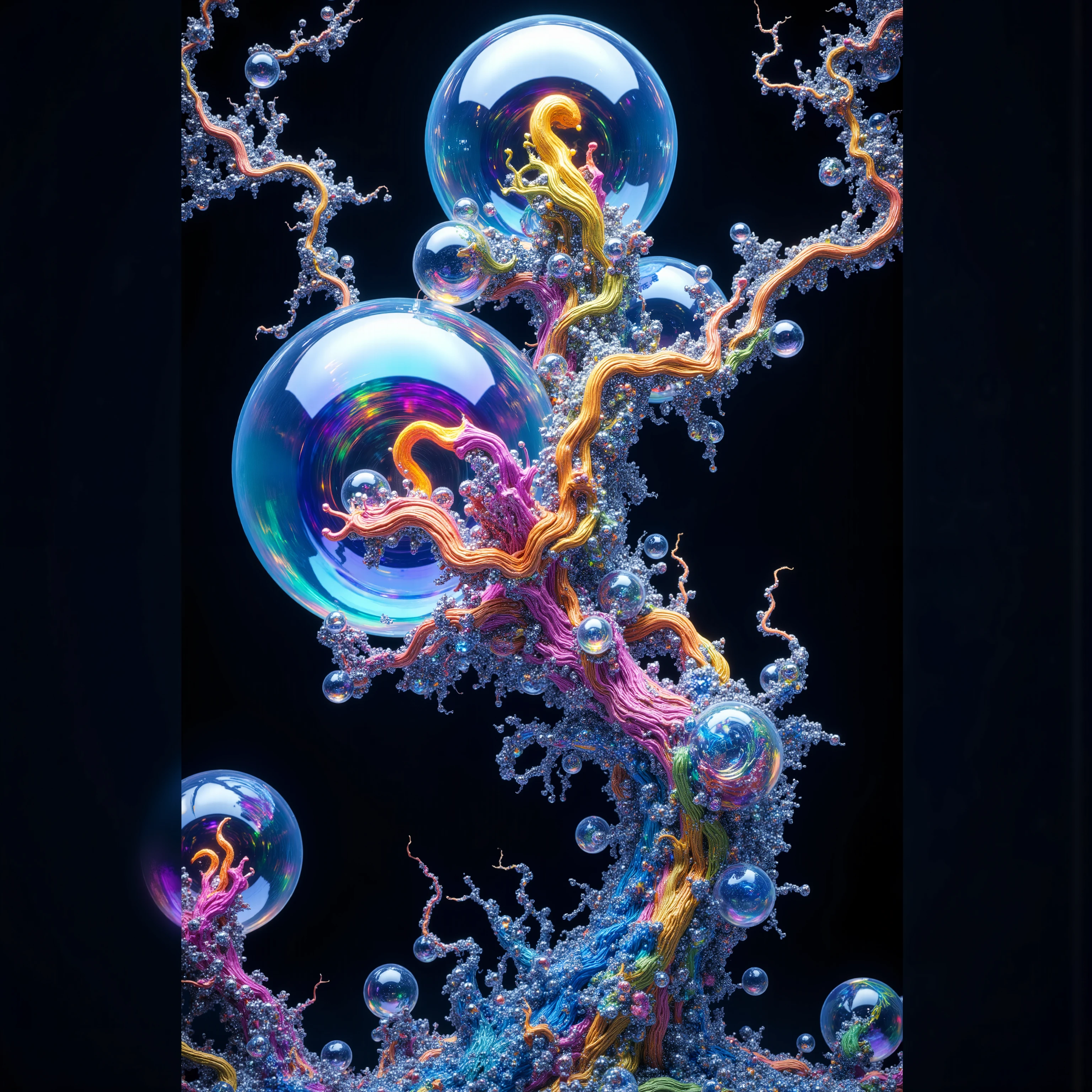 a psychedelic digital art,ultra-detailed vibrant fluorescent neon colors,intricate rainbow glass-like environment,shimmering glass bubbles morphing out of swirling colors,glowing light and reflection,4d mandelbulb psychedelic landscape,bright overexposed backlighting with depth of field,award winning masterpiece,pixel art,portrait photography,photorealistic,hyperdetailed,glass morphism,sparkle,optical illusion,rotational symmetry,best quality,8k,ultra-fine detailsWithin the black of the abyss, intense bright, colorful, perfectly symmetrical glass spheres containing the glowing light of acidzlime within the glass. Smaller glass orbs beneath that melt and drip vibrant colorful symetrical patterns that cover the ground and merge together in a quilt of intricate and complex designs. High fantasy, magical effects,Portrait photography, cinematic photography, photorealistic UHD, intricate, complex, attention to detail, optical illusions, unique patterns and designs, avant garde, masterpiece. Light is emerging from colors in a psychedelic dream, shimmering glass morphing out of colors, tripped out vibrant colors, perfectly formed beautiful reflective bubbles, attention to detail on the bubbles and spheres, beautiful psychedelic digital art, pixel art, trippy colors, 4d mandelbulb psychedelics, glass like psychedelic landscape, intricate rainbow environment, psychedelic underwater brightness, neon colors, bright  colors, psychedelic trip, fluorescent psychedelic aesthetic, psychedelic vibrant colors, bright psychedelic neon colors, paint splattered backgrounds,swirling spirals and vortex, bright vibrant colors popping out from 3d glass spheres, Pixel Assets, Portrait photography, surrealism, Photorealistic, Hyperdetailed, Glass Morphism, Digital Art, Sparkle, Optical Illusion, Glowing Light, Reflection Light, Overexposure, Backlighting, Depth Of Field, Rotational Symmetry, UHD, High Details, High Quality, Super Detailed, Best Quality, Award Winning, Masterpiece.   