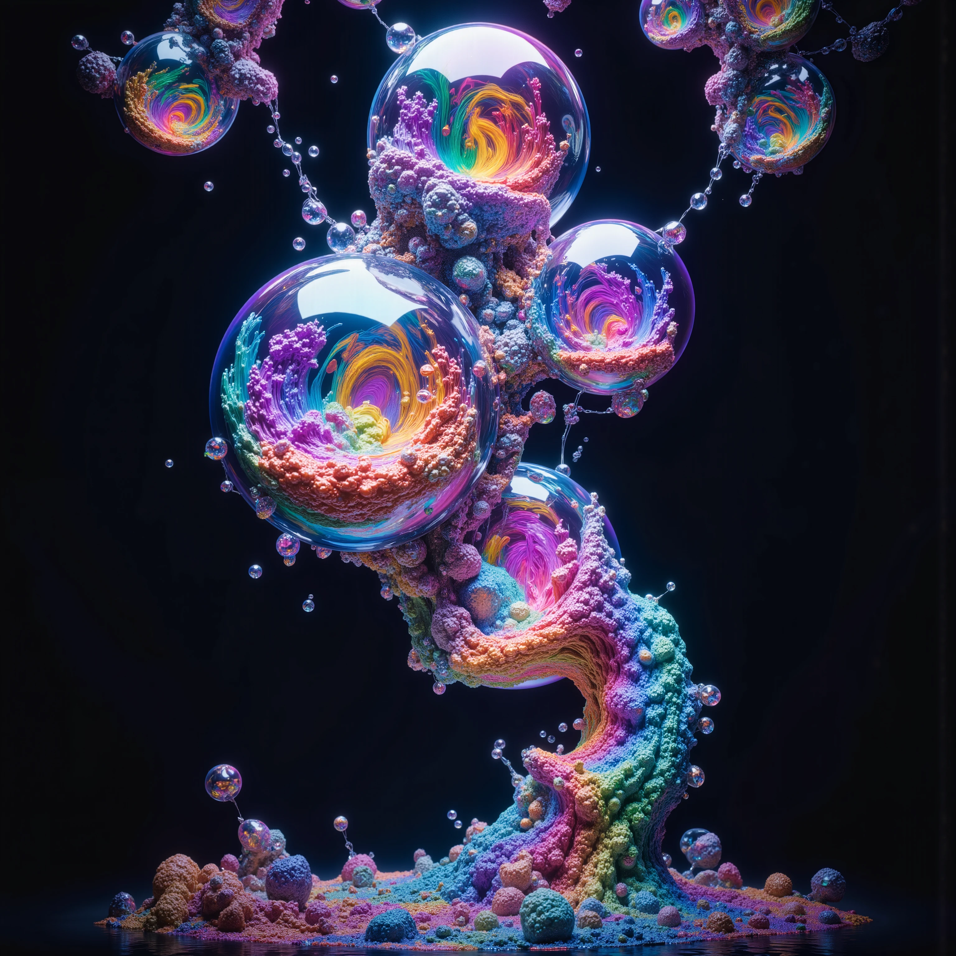 a psychedelic digital art,ultra-detailed vibrant fluorescent neon colors,intricate rainbow glass-like environment,shimmering glass bubbles morphing out of swirling colors,glowing light and reflection,4d mandelbulb psychedelic landscape,bright overexposed backlighting with depth of field,award winning masterpiece,pixel art,portrait photography,photorealistic,hyperdetailed,glass morphism,sparkle,optical illusion,rotational symmetry,best quality,8k,ultra-fine detailsWithin the black of the abyss, intense bright, colorful, perfectly symmetrical glass spheres containing the glowing light of acidzlime within the glass. Smaller glass orbs beneath that melt and drip vibrant colorful symetrical patterns that cover the ground and merge together in a quilt of intricate and complex designs. High fantasy, magical effects,Portrait photography, cinematic photography, photorealistic UHD, intricate, complex, attention to detail, optical illusions, unique patterns and designs, avant garde, masterpiece. Light is emerging from colors in a psychedelic dream, shimmering glass morphing out of colors, tripped out vibrant colors, perfectly formed beautiful reflective bubbles, attention to detail on the bubbles and spheres, beautiful psychedelic digital art, pixel art, trippy colors, 4d mandelbulb psychedelics, glass like psychedelic landscape, intricate rainbow environment, psychedelic underwater brightness, neon colors, bright  colors, psychedelic trip, fluorescent psychedelic aesthetic, psychedelic vibrant colors, bright psychedelic neon colors, paint splattered backgrounds,swirling spirals and vortex, bright vibrant colors popping out from 3d glass spheres, Pixel Assets, Portrait photography, surrealism, Photorealistic, Hyperdetailed, Glass Morphism, Digital Art, Sparkle, Optical Illusion, Glowing Light, Reflection Light, Overexposure, Backlighting, Depth Of Field, Rotational Symmetry, UHD, High Details, High Quality, Super Detailed, Best Quality, Award Winning, Masterpiece.   