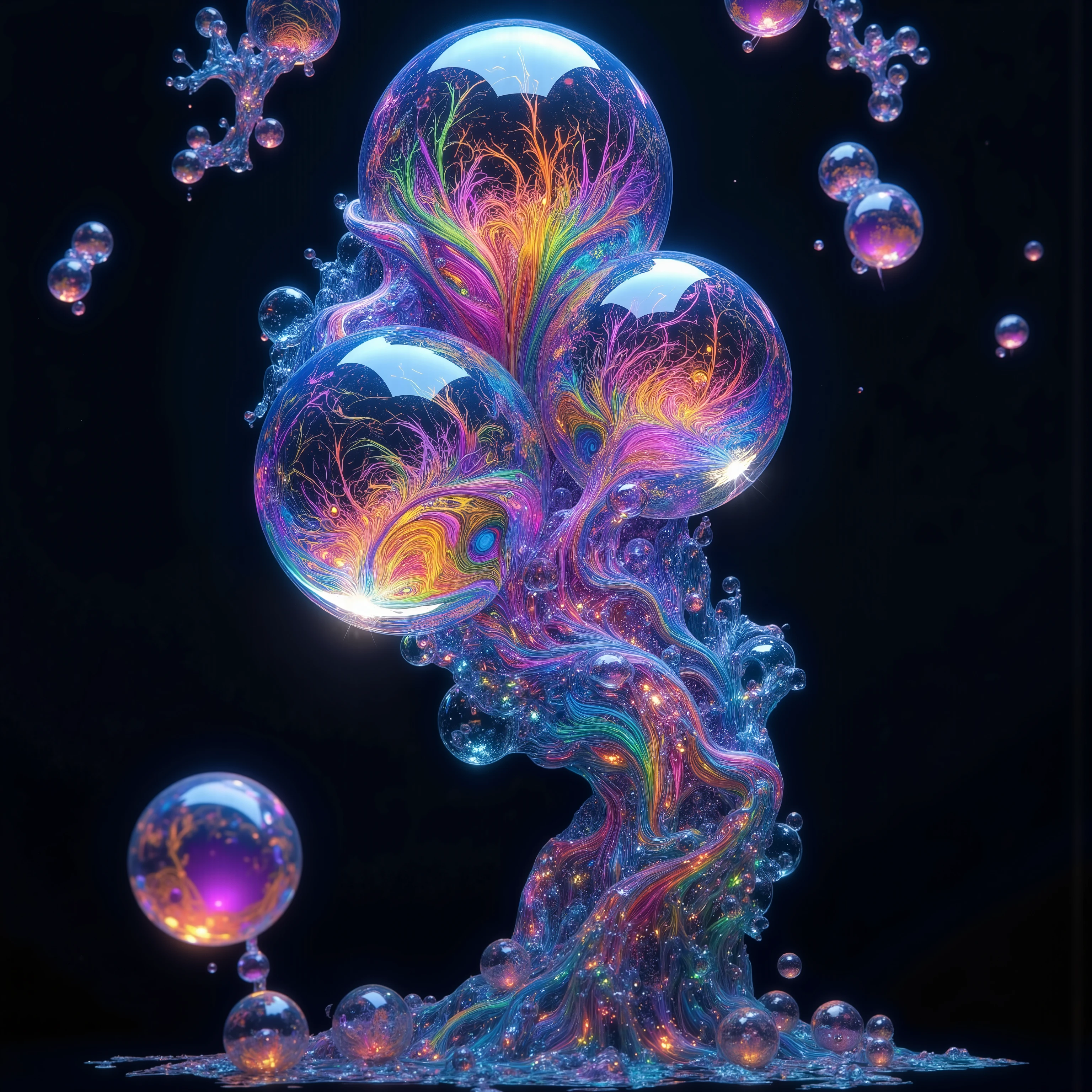 a psychedelic digital art,ultra-detailed vibrant fluorescent neon colors,intricate rainbow glass-like environment,shimmering glass bubbles morphing out of swirling colors,glowing light and reflection,4d mandelbulb psychedelic landscape,bright overexposed backlighting with depth of field,award winning masterpiece,pixel art,portrait photography,photorealistic,hyperdetailed,glass morphism,sparkle,optical illusion,rotational symmetry,best quality,8k,ultra-fine detailsWithin the black of the abyss, intense bright, colorful, perfectly symmetrical glass spheres containing the glowing light of acidzlime within the glass. Smaller glass orbs beneath that melt and drip vibrant colorful symetrical patterns that cover the ground and merge together in a quilt of intricate and complex designs. High fantasy, magical effects,Portrait photography, cinematic photography, photorealistic UHD, intricate, complex, attention to detail, optical illusions, unique patterns and designs, avant garde, masterpiece. Light is emerging from colors in a psychedelic dream, shimmering glass morphing out of colors, tripped out vibrant colors, perfectly formed beautiful reflective bubbles, attention to detail on the bubbles and spheres, beautiful psychedelic digital art, pixel art, trippy colors, 4d mandelbulb psychedelics, glass like psychedelic landscape, intricate rainbow environment, psychedelic underwater brightness, neon colors, bright colors, psychedelic trip, fluorescent psychedelic aesthetic, psychedelic vibrant colors, bright psychedelic neon colors, paint splattered backgrounds,swirling spirals and vortex, bright vibrant colors popping out from 3d glass spheres, Pixel Assets, Portrait photography, surrealism, Photorealistic, Hyperdetailed, Glass Morphism, Digital Art, Sparkle, Optical Illusion, Glowing Light, Reflection Light, Overexposure, Backlighting, Depth Of Field, Rotational Symmetry, UHD, High Details, High Quality, Super Detailed, Best Quality, Award Winning, Masterpiece.