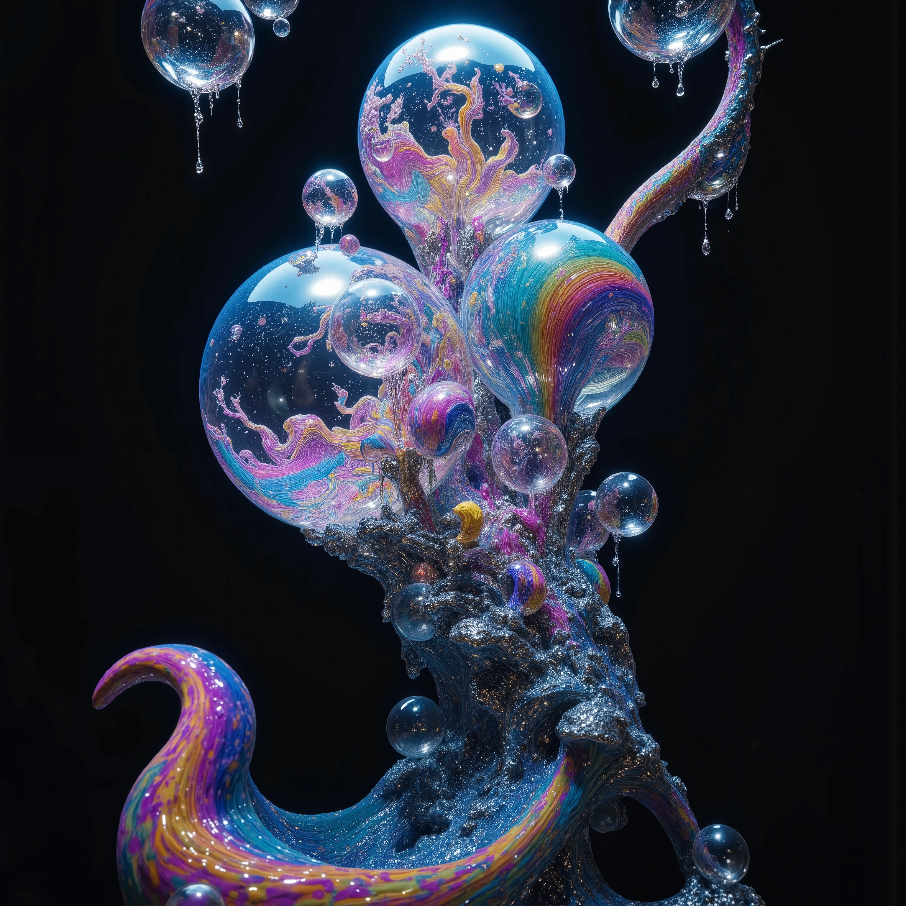 a psychedelic digital art,ultra-detailed vibrant fluorescent neon colors,intricate rainbow glass-like environment,shimmering glass bubbles morphing out of swirling colors,glowing light and reflection,4d mandelbulb psychedelic landscape,bright overexposed backlighting with depth of field,award winning masterpiece,pixel art,portrait photography,photorealistic,hyperdetailed,glass morphism,sparkle,optical illusion,rotational symmetry,best quality,8k,ultra-fine detailsWithin the black of the abyss, intense bright, colorful, perfectly symmetrical glass spheres containing the glowing light of acidzlime within the glass. Smaller glass orbs beneath that melt and drip vibrant colorful symetrical patterns that cover the ground and merge together in a quilt of intricate and complex designs. High fantasy, magical effects,Portrait photography, cinematic photography, photorealistic UHD, intricate, complex, attention to detail, optical illusions, unique patterns and designs, avant garde, masterpiece. Light is emerging from colors in a psychedelic dream, shimmering glass morphing out of colors, tripped out vibrant colors, perfectly formed beautiful reflective bubbles, attention to detail on the bubbles and spheres, beautiful psychedelic digital art, pixel art, trippy colors, 4d mandelbulb psychedelics, glass like psychedelic landscape, intricate rainbow environment, psychedelic underwater brightness, neon colors, bright colors, psychedelic trip, fluorescent psychedelic aesthetic, psychedelic vibrant colors, bright psychedelic neon colors, paint splattered backgrounds,swirling spirals and vortex, bright vibrant colors popping out from 3d glass spheres, Pixel Assets, Portrait photography, surrealism, Photorealistic, Hyperdetailed, Glass Morphism, Digital Art, Sparkle, Optical Illusion, Glowing Light, Reflection Light, Overexposure, Backlighting, Depth Of Field, Rotational Symmetry, UHD, High Details, High Quality, Super Detailed, Best Quality, Award Winning, Masterpiece.