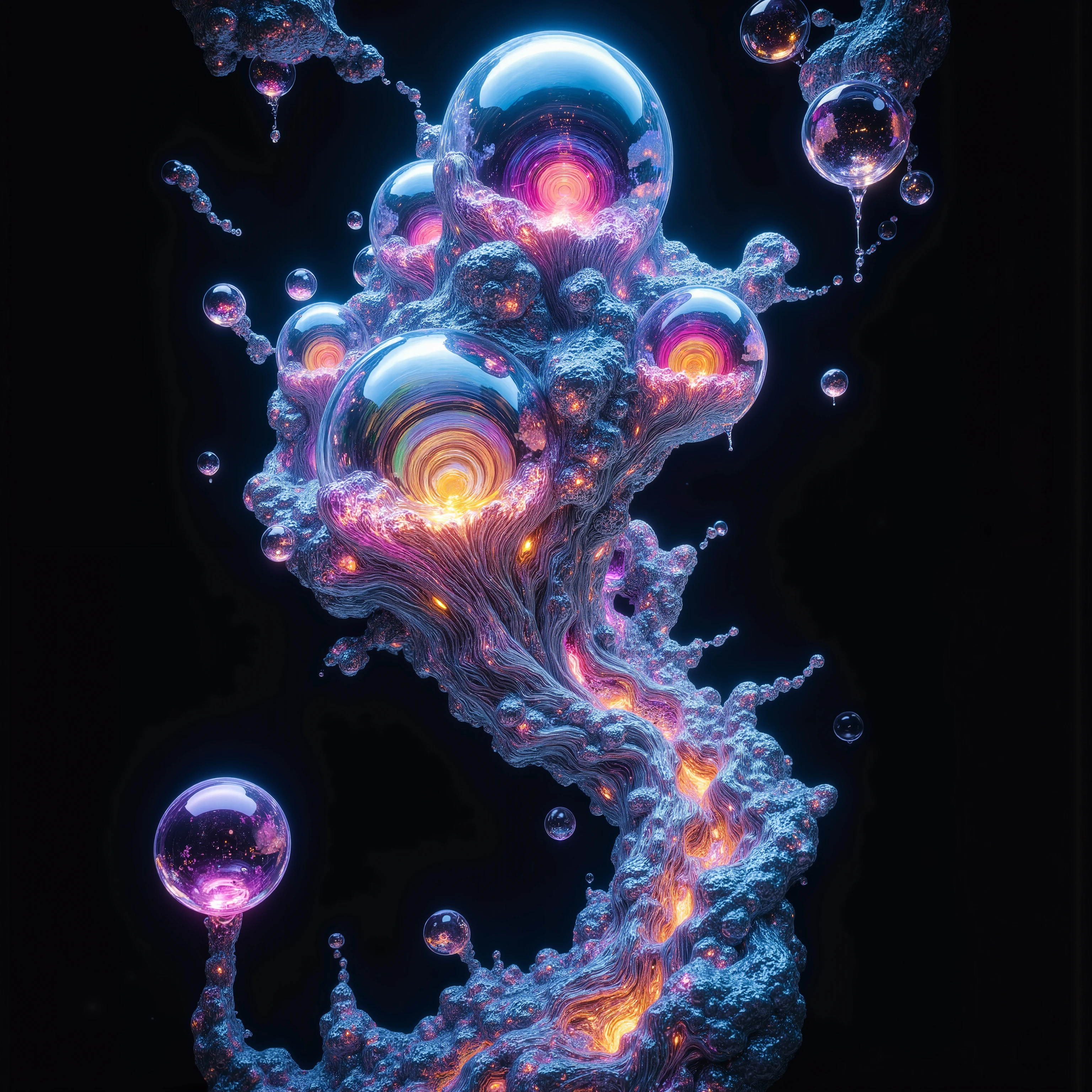 a psychedelic digital art,ultra-detailed vibrant fluorescent neon colors,intricate rainbow glass-like environment,shimmering glass bubbles morphing out of swirling colors,glowing light and reflection,4d mandelbulb psychedelic landscape,bright overexposed backlighting with depth of field,award winning masterpiece,pixel art,portrait photography,photorealistic,hyperdetailed,glass morphism,sparkle,optical illusion,rotational symmetry,best quality,8k,ultra-fine detailsWithin the black of the abyss, intense bright, colorful, perfectly symmetrical glass spheres containing the glowing light of acidzlime within the glass. Smaller glass orbs beneath that melt and drip vibrant colorful symetrical patterns that cover the ground and merge together in a quilt of intricate and complex designs. High fantasy, magical effects,Portrait photography, cinematic photography, photorealistic UHD, intricate, complex, attention to detail, optical illusions, unique patterns and designs, avant garde, masterpiece. Light is emerging from colors in a psychedelic dream, shimmering glass morphing out of colors, tripped out vibrant colors, perfectly formed beautiful reflective bubbles, attention to detail on the bubbles and spheres, beautiful psychedelic digital art, pixel art, trippy colors, 4d mandelbulb psychedelics, glass like psychedelic landscape, intricate rainbow environment, psychedelic underwater brightness, neon colors, bright colors, psychedelic trip, fluorescent psychedelic aesthetic, psychedelic vibrant colors, bright psychedelic neon colors, paint splattered backgrounds,swirling spirals and vortex, bright vibrant colors popping out from 3d glass spheres, Pixel Assets, Portrait photography, surrealism, Photorealistic, Hyperdetailed, Glass Morphism, Digital Art, Sparkle, Optical Illusion, Glowing Light, Reflection Light, Overexposure, Backlighting, Depth Of Field, Rotational Symmetry, UHD, High Details, High Quality, Super Detailed, Best Quality, Award Winning, Masterpiece.