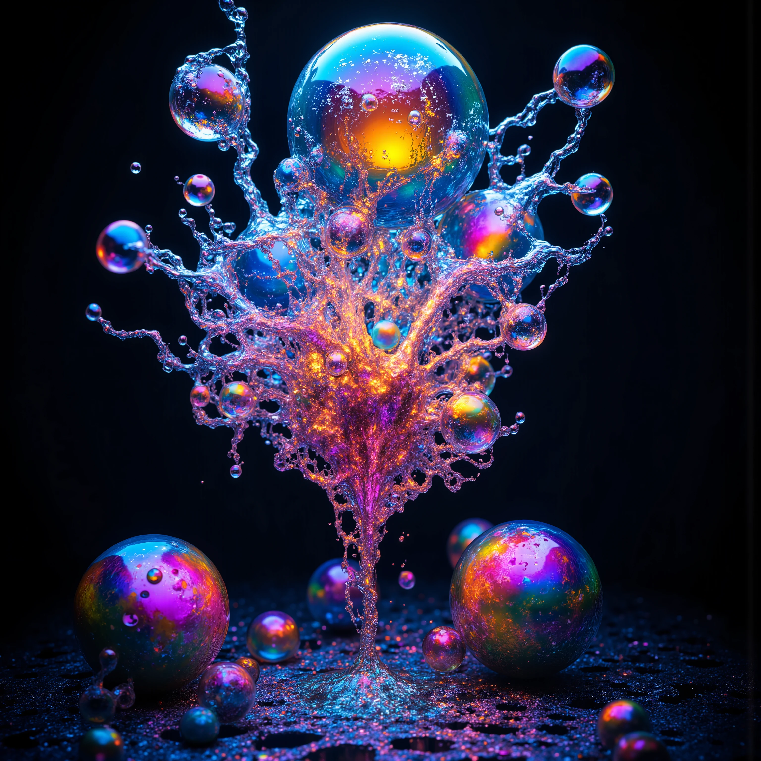 Vibrant fluorescent neon colors,intricate wire lit up glass-like environment,shimmering glass bubbles morphing out of melting glass with sulfuric acid poured on it to make it bubble with glowing light and reflection,4d mandelbulb psychedelic landscape,bright overexposed backlighting with depth of field,award winning masterpiece,pixel art,portrait photography,photorealistic,hyperdetailed,glass morphism,sparkle,optical illusion,rotational symmetry,best quality,8k,ultra-fine detailsWithin the black of the abyss, intense bright, colorful, perfectly symmetrical glass spheres containing the glowing light of acidzlime within the glass. Smaller glass orbs beneath that melt and drip glass and bubbles with symetrical patterns that cover the ground and merge together in a quilt of complex designs. High fantasy, magical effects,Portrait photography, cinematic photography, photorealistic UHD, intricate, complex, attention to detail, optical illusions, unique patterns and designs, avant garde, masterpiece. Light is emerging from colors in a psychedelic dream, shimmering glass morphing out of colors, tripped out vibrant colors, perfectly formed beautiful reflective bubbles, attention to detail on the bubbles and spheres, beautiful psychedelic digital art, pixel art, trippy colors, 4d mandelbulb psychedelics, glass like psychedelic landscape, intricate rainbow environment, psychedelic underwater brightness, neon colors, bright colors, psychedelic trip, fluorescent psychedelic aesthetic, psychedelic vibrant colors, bright psychedelic neon colors, paint splattered backgrounds,swirling spirals and vortex, bright vibrant colors popping out from 3d glass spheres, Pixel Assets, Portrait photography, surrealism, Photorealistic, Hyperdetailed, Glass Morphism, Digital Art, Sparkle, Optical Illusion, Glowing Light, Reflection Light, Overexposure, Backlighting, Depth Of Field, Rotational Symmetry, UHD, High Details, High Quality, Super Detailed, Best Quality, Award Winning, Masterpiece.