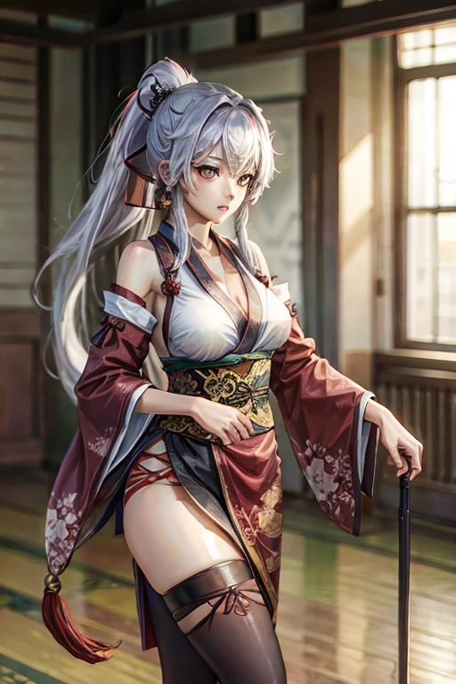 (Realistic: 1.7), ((Best Quality)), Absurdity, (Ultra High Resolution), (Photorealistic: 1.6), Photorealistic, Octane Rendering, (Hyperrealistic: 1.2), 8K, Official Art, Sharp Focus, Alone, Ayame Nakiri, Long Hair, Double Pan, Iris Base, Black Kimono, Hair Bell, Obi, White Thighs, Bare Shoulders, Long Sleeves, Demon Mask, Head Mask, Only the feet are in the hot spring, steam, water, ((((big breast)))), ((cleavage)), ((raw photo)))), gray hair