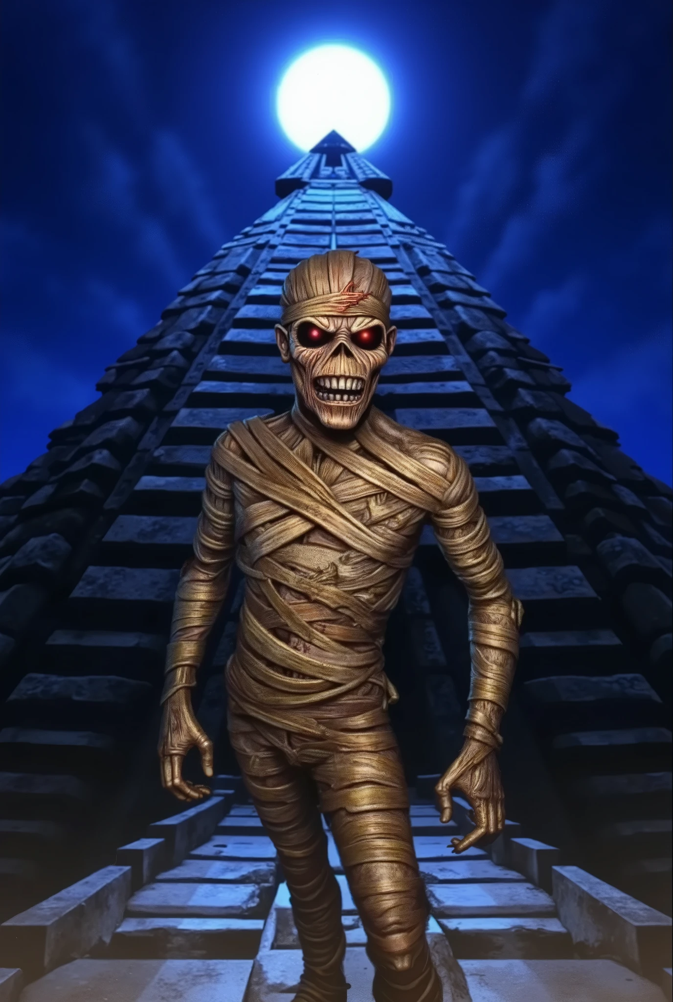 arafed view of Eddie is an Egyptian mummy, night full moon, iron maiden album cover. pyramid background.