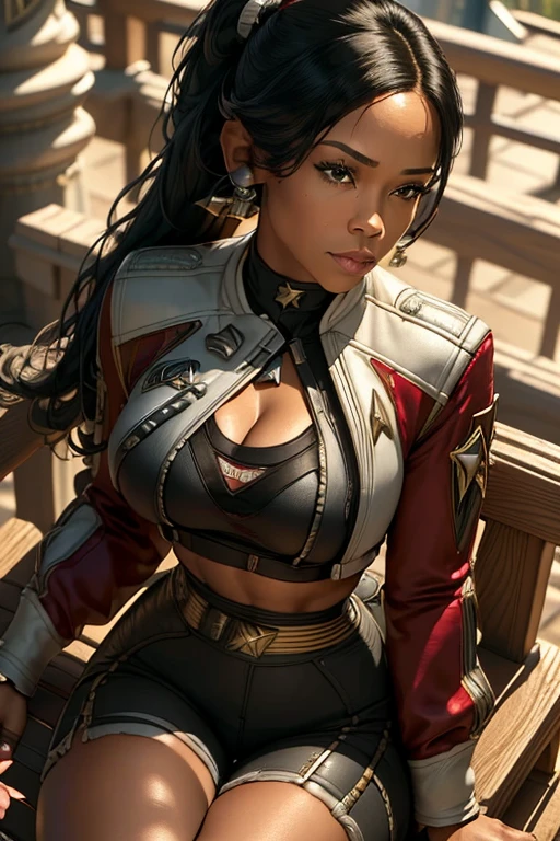 Portrait, Masterpiece, Excellent, 1girl, solo, complex details, color diffusion, close-up, dark-skinned female, tall female, brown skin, black skin, ebony, thighs, hips, athletic, brown hair, golden eyes, sexy attire, casual attire, badass, Princess, royalty, Sci-Fi, Fantasy