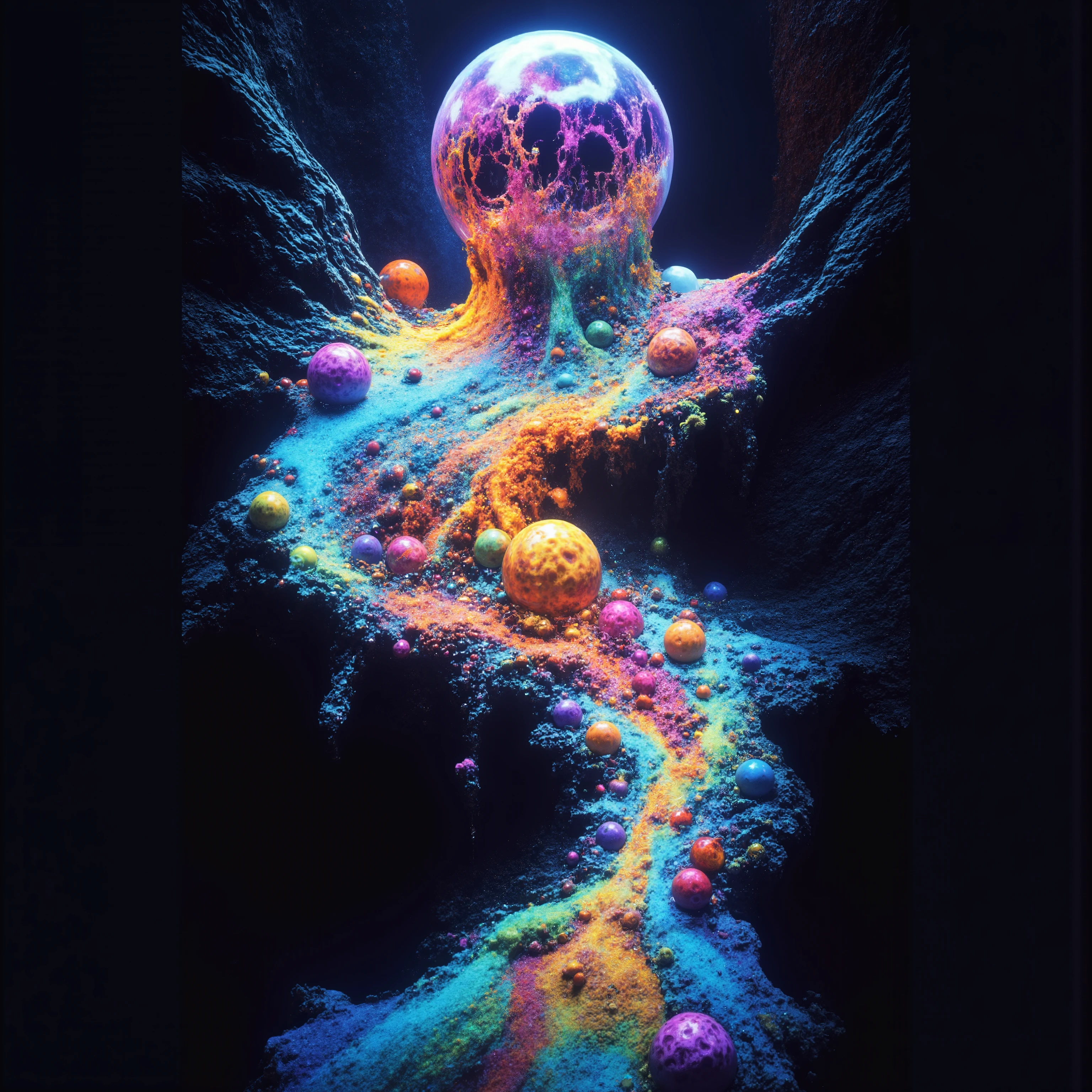 a psychedelic digital art,ultra-detailed vibrant fluorescent neon colors,intricate rainbow glass-like environment,shimmering glass bubbles morphing out of swirling colors,glowing light and reflection,4d mandelbulb psychedelic landscape,bright overexposed backlighting with depth of field,award winning masterpiece,pixel art,portrait photography,photorealistic,hyperdetailed,glass morphism,sparkle,optical illusion,rotational symmetry,best quality,8k,ultra-fine detailsWithin the black of the abyss, intense bright, colorful, perfectly symmetrical glass spheres containing the glowing light of acidzlime within the glass. Smaller glass orbs beneath that melt and drip vibrant colorful symetrical patterns that cover the ground and merge together in a quilt of intricate and complex designs. High fantasy, magical effects,Portrait photography, cinematic photography, photorealistic UHD, intricate, complex, attention to detail, optical illusions, unique patterns and designs, avant garde, masterpiece. Light is emerging from colors in a psychedelic dream, shimmering glass morphing out of colors, tripped out vibrant colors, perfectly formed beautiful reflective bubbles, attention to detail on the bubbles and spheres, beautiful psychedelic digital art, pixel art, trippy colors, 4d mandelbulb psychedelics, glass like psychedelic landscape, intricate rainbow environment, psychedelic underwater brightness, neon colors, bright  colors, psychedelic trip, fluorescent psychedelic aesthetic, psychedelic vibrant colors, bright psychedelic neon colors, paint splattered backgrounds,swirling spirals and vortex, bright vibrant colors popping out from 3d glass spheres, Pixel Assets, Portrait photography, surrealism, Photorealistic, Hyperdetailed, Glass Morphism, Digital Art, Sparkle, Optical Illusion, Glowing Light, Reflection Light, Overexposure, Backlighting, Depth Of Field, Rotational Symmetry, UHD, High Details, High Quality, Super Detailed, Best Quality, Award Winning, Masterpiece.   