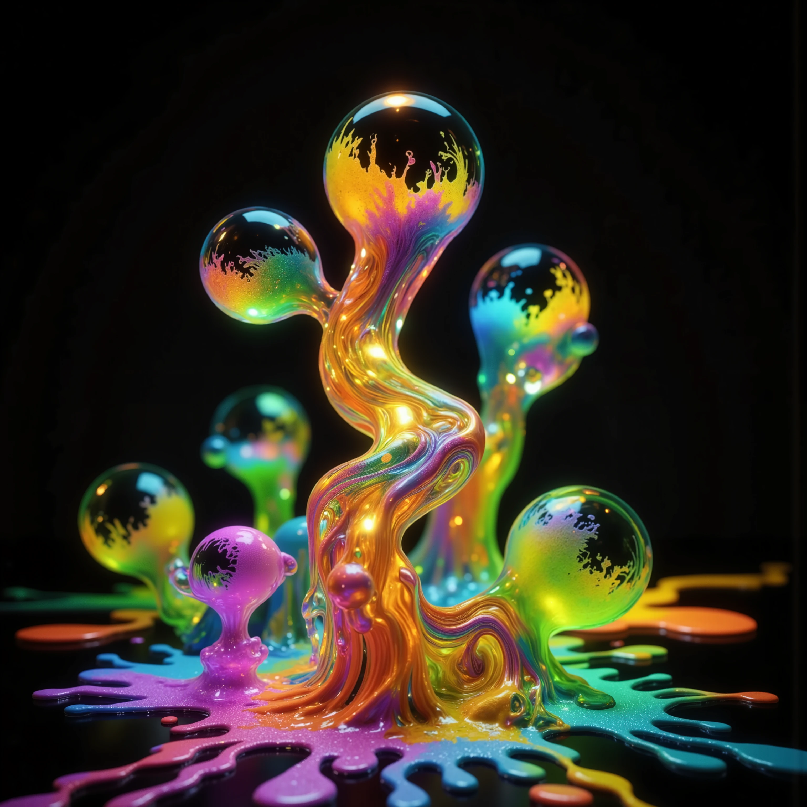 a psychedelic digital art,ultra-detailed vibrant fluorescent neon colors,intricate rainbow glass-like environment,shimmering glass bubbles morphing out of swirling colors,glowing light and reflection,4d mandelbulb psychedelic landscape,bright overexposed backlighting with depth of field,award winning masterpiece,pixel art,portrait photography,photorealistic,hyperdetailed,glass morphism,sparkle,optical illusion,rotational symmetry,best quality,8k,ultra-fine detailsWithin the black of the abyss, intense bright, colorful, perfectly symmetrical glass spheres containing the glowing light of acidzlime within the glass. Smaller glass orbs beneath that melt and drip vibrant colorful symetrical patterns that cover the ground and merge together in a quilt of intricate and complex designs. High fantasy, magical effects,Portrait photography, cinematic photography, photorealistic UHD, intricate, complex, attention to detail, optical illusions, unique patterns and designs, avant garde, masterpiece. Light is emerging from colors in a psychedelic dream, shimmering glass morphing out of colors, tripped out vibrant colors, perfectly formed beautiful reflective bubbles, attention to detail on the bubbles and spheres, beautiful psychedelic digital art, pixel art, trippy colors, 4d mandelbulb psychedelics, glass like psychedelic landscape, intricate rainbow environment, psychedelic underwater brightness, neon colors, bright colors, psychedelic trip, fluorescent psychedelic aesthetic, psychedelic vibrant colors, bright psychedelic neon colors, paint splattered backgrounds,swirling spirals and vortex, bright vibrant colors popping out from 3d glass spheres, Pixel Assets, Portrait photography, surrealism, Photorealistic, Hyperdetailed, Glass Morphism, Digital Art, Sparkle, Optical Illusion, Glowing Light, Reflection Light, Overexposure, Backlighting, Depth Of Field, Rotational Symmetry, UHD, High Details, High Quality, Super Detailed, Best Quality, Award Winning, Masterpiece.