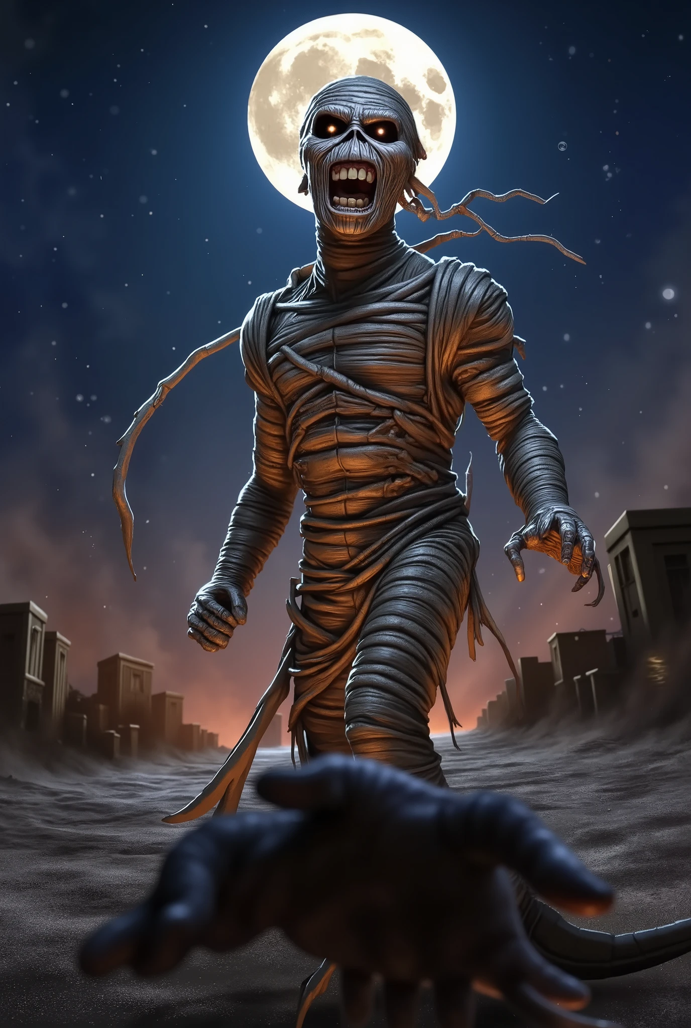 arafed view of Eddie is an Egyptian mummy, night full moon, iron maiden album cover.