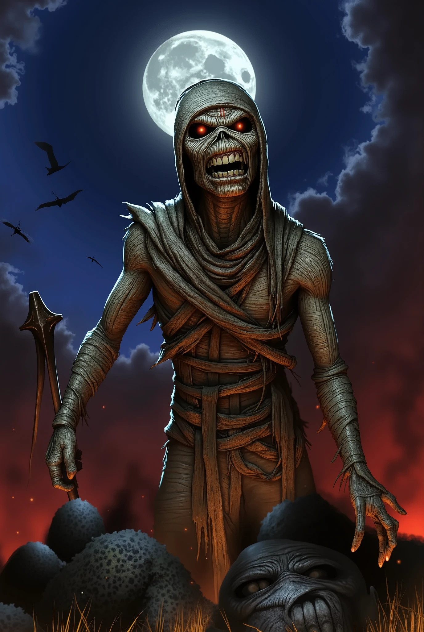arafed view of Eddie is an Egyptian mummy, night full moon, iron maiden album cover.