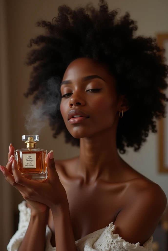 An African woman enjoys applying a fragrance, From the Oriflame brand I will fly toilette that highlights its elegance and sophistication, Although she is not a very rich woman, the fragrance highlights her finesse.. And natural beauty