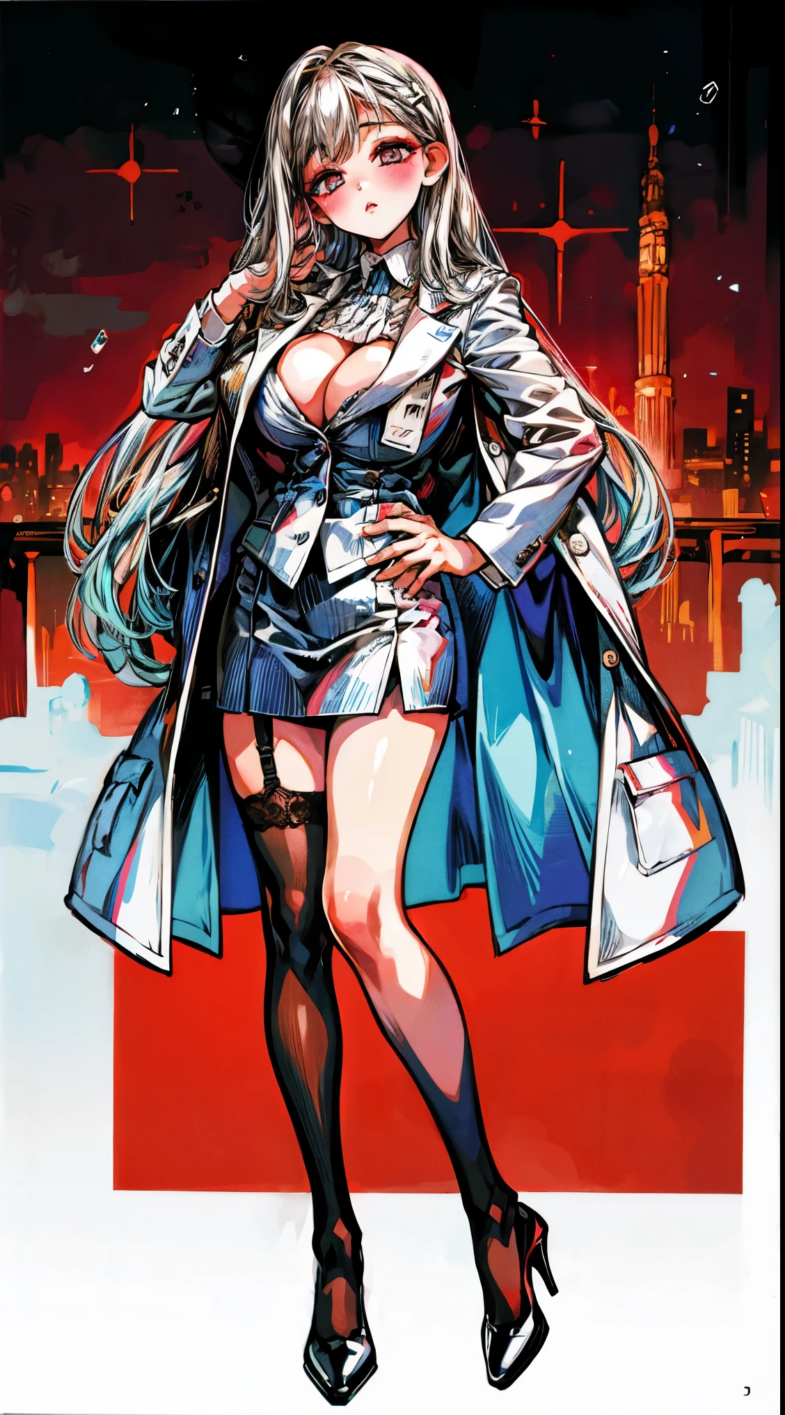 Head to toe, reference-sheet, fullbody, standing up ref-sheet (Masterpiece, Best quality, High quality:1.4), (Curvy:1.1), Standing up at your desk, Office, (Full body shot:1.1),
Long white hair, blush, Makeup, Ultra Detail Hair, Ultra Detail Face, (Blue eyes:1.05), Perfect eyes, Perfect face, Earrings, (Confused, Blush:1.2), (a garter belt:1.1), pencil skirts, lab coat, office uniform, high-heels, tall, long sexy legs, (Large breasts:1.1), cleavage, Big ass, Thighs,