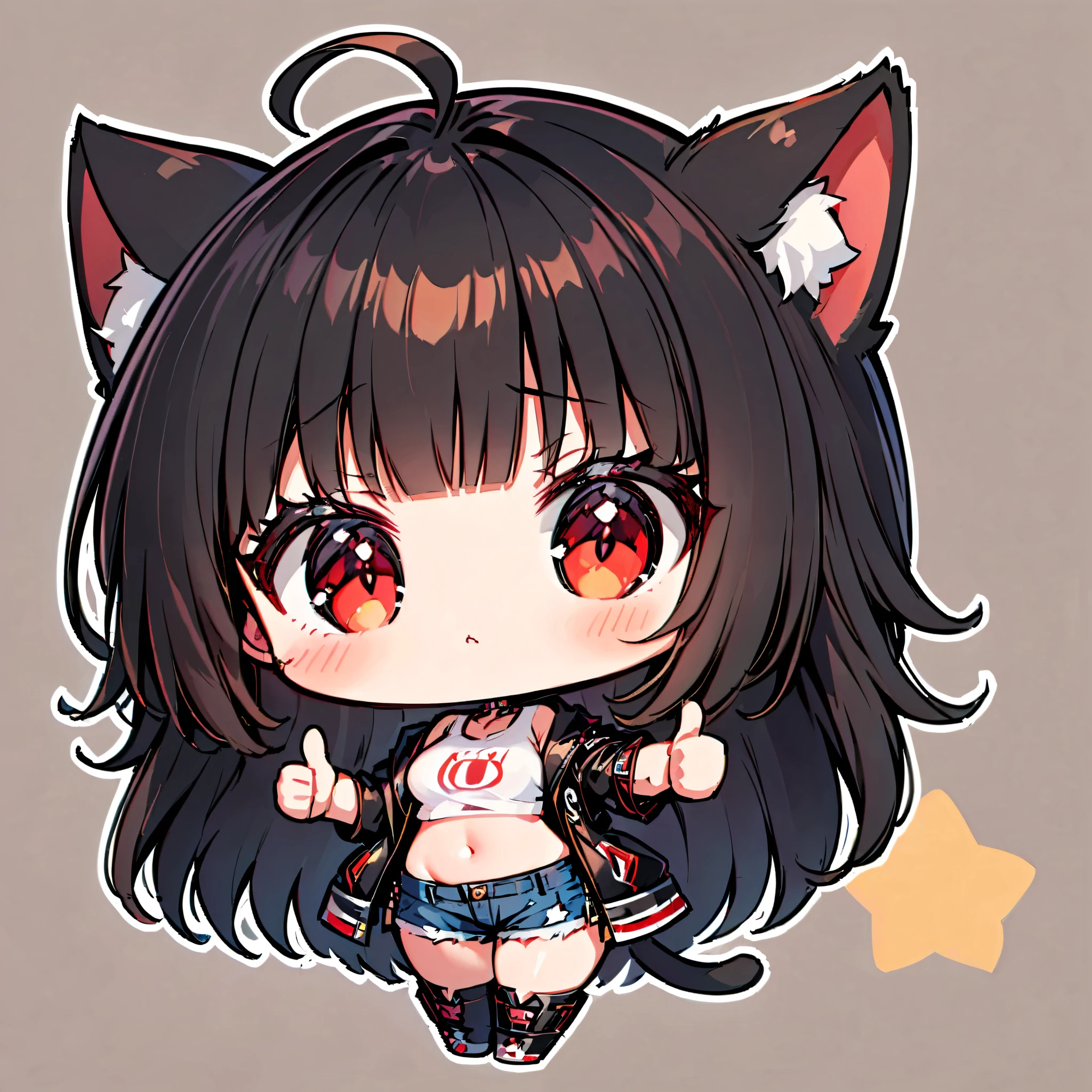 ((only one girl)), A dynamic , Illustration of vocaloid chibi, ((full body)), head on, solo, junkotvv, big breasts, ((cat girl, cat ears)) ((One multicolorido black hair, (Ahoge), straight bangs,)), Long hair, ((beautiful red eyes)) sharp eye, Beautiful skin, extremely sexy body, pretty face , white cropped t-shirt, denim shorts, open leather jacket , reaching forward ( thumbs up:1.2), dark and simple background , ((full body)), ((enojada, furiosa, gritando))