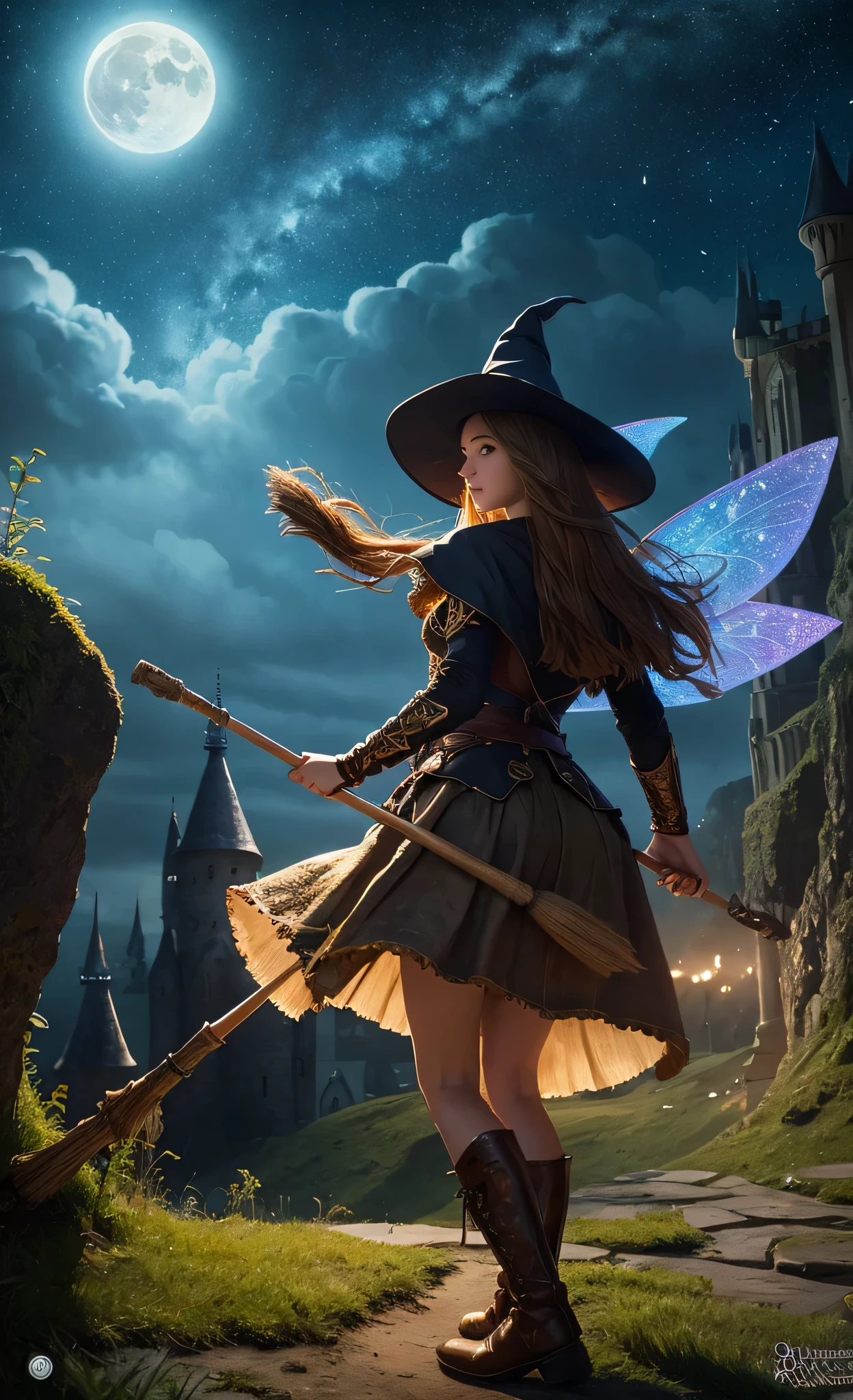 masterpiece, best quality, ultra-detailed, illustration, 1girl, solo, fantasy, flying, broom, night sky, outdoors, magic, spells, moon, stars, clouds, wind, hair, cape, hat, boots, broomstick, glowing, mysterious, enchanting, whimsical, playful, adventurous, freedom, wonder, imagination, determination, skill, speed, movement, energy, realism, naturalistic, figurative, representational, beauty, fantasy culture, mythology, fairy tales, folklore, legends, witches, wizards, magical creatures, fantasy worlds, composition, scale, foreground, middle ground, background, perspective, light, color, texture, detail, beauty, wonder.