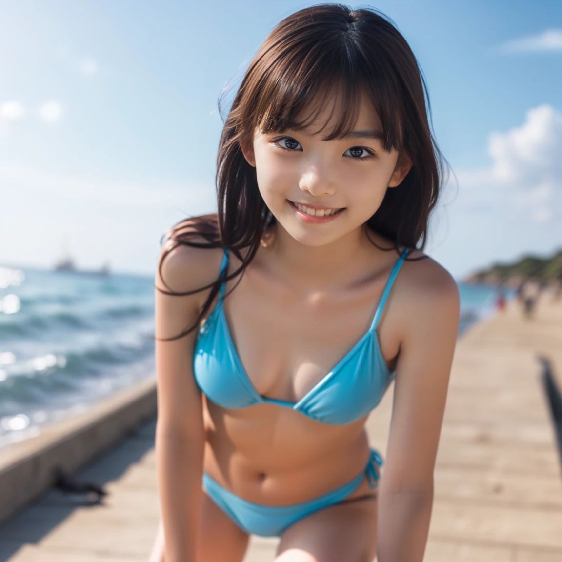 She has a small face like an idol and is very cute.、An 18-year-old woman with a small face that makes her look young、Smiling Kindly、Wearing a bold bikini、Thighs are visible、Beautiful beach with white sand、(They are playing beach volleyball.)、Natural light、(whole body)、Highest quality