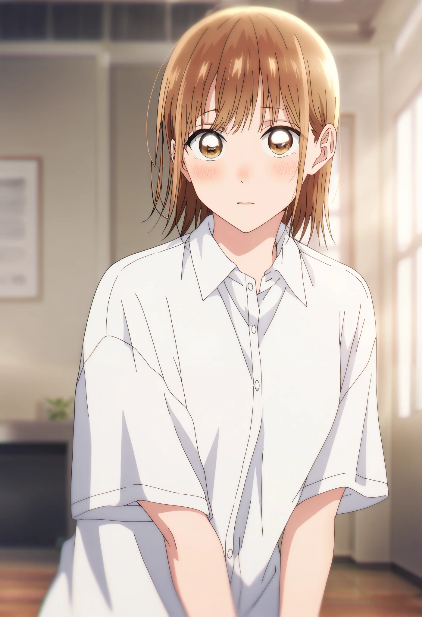 1 girl, Alone, Chinatsu, Blurry Background, indoors, room, white shirt, collared shirt, short sleeves, masterpiece, top quality, High Quality, very aesthetic, absurd, brown eyes, blush, looking at viewer