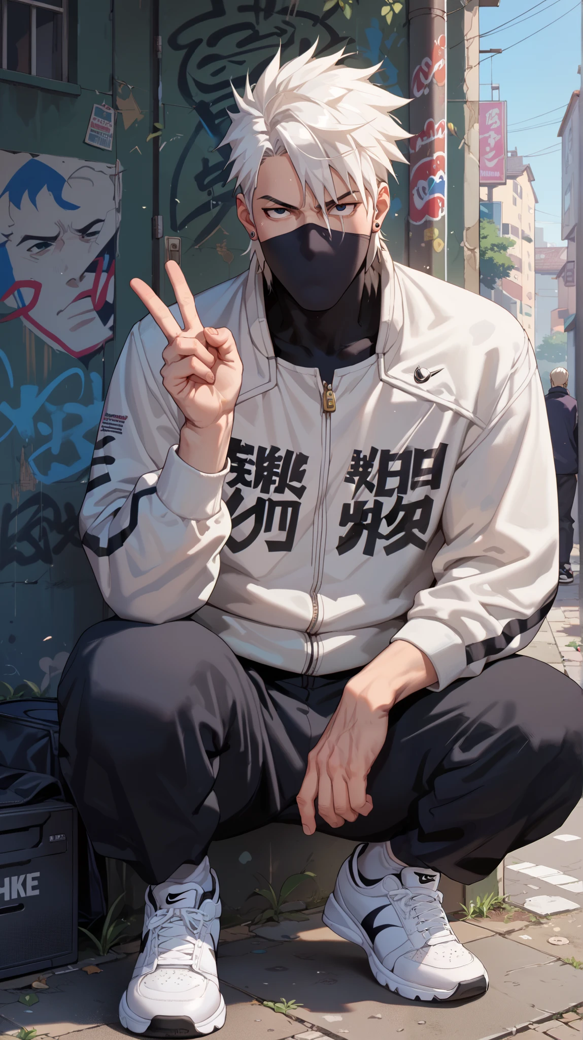 Score_9, Score_8_up, Score_7_up, Score_6_up, Score_5_up, Score_4_up, Source_anime, Tag1, Tag2, quality_masterpiece, Anatomically correct, Kakashi, mature male, white hair, mask, hip-hop elements, BREAK ,action_squating, squatting, baggy pants, Jacket Nike shoes, boom box, hip-hop culture, graffiti, W hand sign, Spock hand sign,