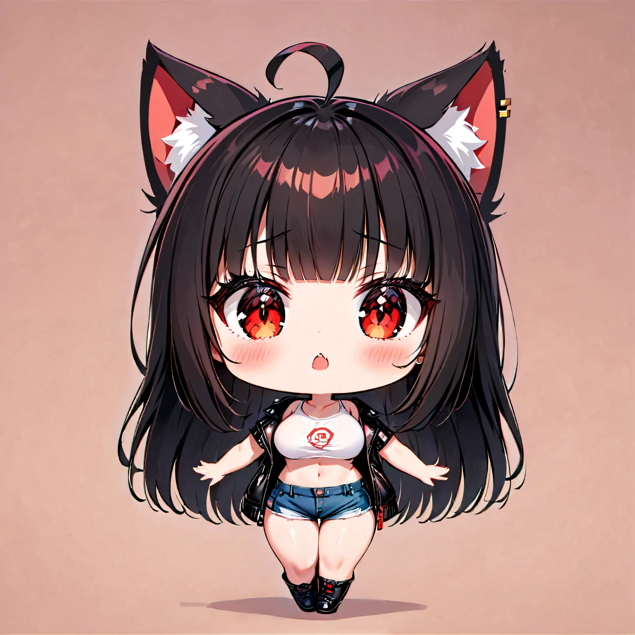 ((only one girl)), A dynamic , Illustration of vocaloid chibi, ((full body)), head on, solo, junkotvv, big breasts, ((cat girl, cat ears)) ((One multicolorido black hair, (Ahoge), straight bangs,)), Long hair, ((beautiful red eyes)) sharp eye, Beautiful skin, extremely sexy body, pretty face , white cropped t-shirt, denim shorts, open leather jacket , reaching forward, dark and simple background , ((full body)), ((enojada, furiosa, gritando))