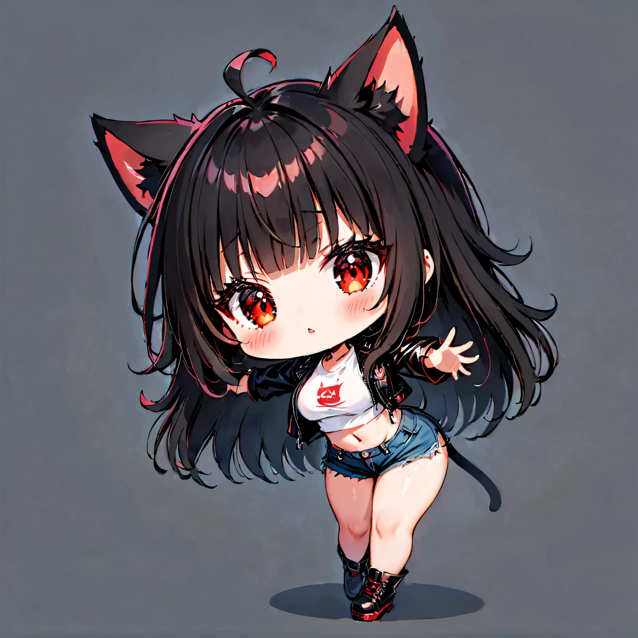 ((only one girl)), A dynamic ,  Illustration of vocaloid chibi,  ((full body)), head on, solo,  junkotvv, big breasts, ((cat girl, cat ears)) ((One multicolorido black hair, (Ahoge), straight bangs,)), Long hair, ((beautiful red eyes)) sharp eye, Beautiful skin, extremely sexy body, pretty face ,  white cropped t-shirt,  denim shorts,  open leather jacket ,  reaching forward,  dark and simple background , ((full body)), ((enojada, furiosa, gritando))