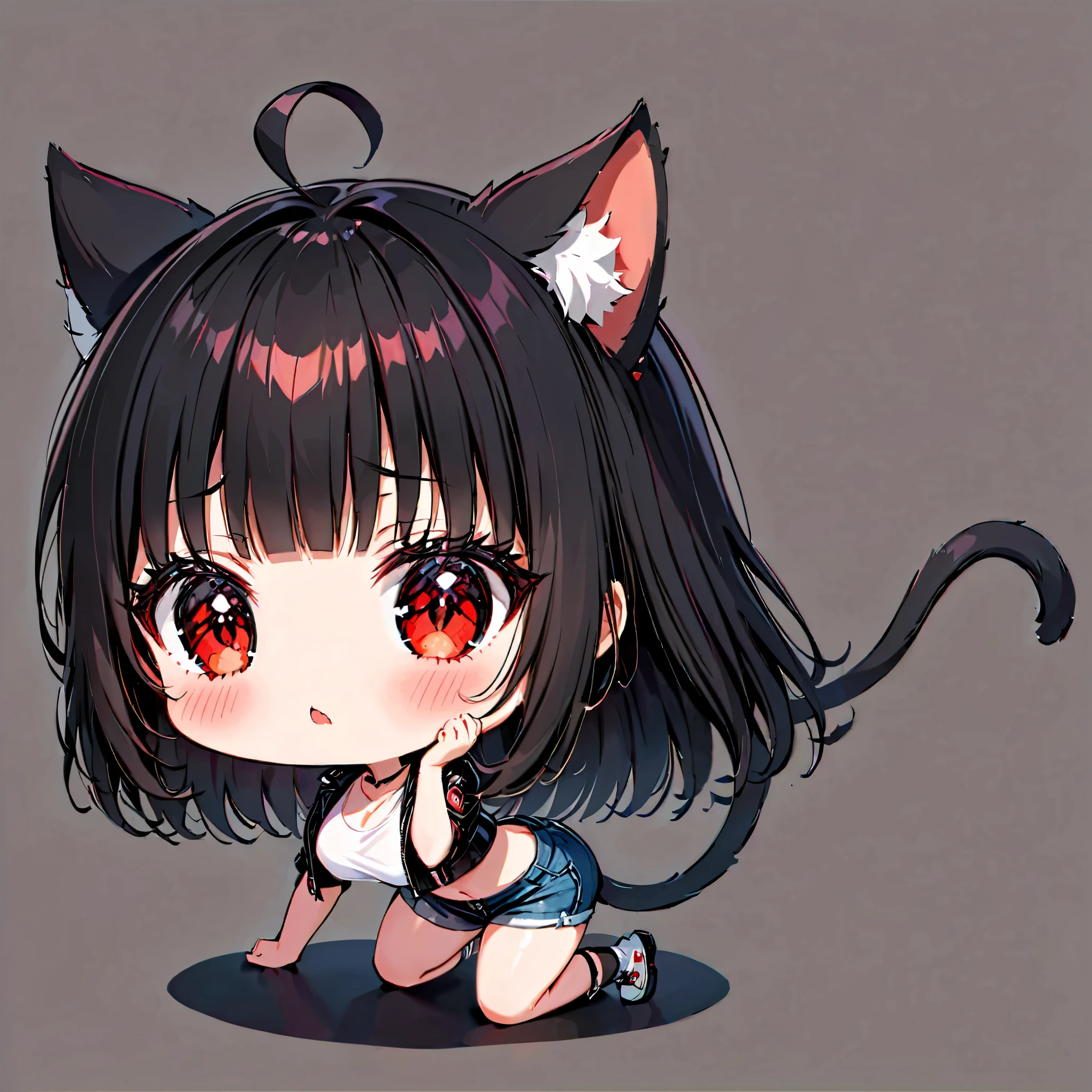 ((only one girl)), A dynamic , Illustration of vocaloid chibi, ((full body)), head on, solo, junkotvv, big breasts, ((cat girl, cat ears)) ((One multicolorido black hair, (Ahoge), straight bangs,)), Long hair, ((beautiful red eyes)) sharp eye, Beautiful skin, extremely sexy body, pretty face , white cropped t-shirt, denim shorts, open leather jacket , reaching forward, dark and simple background , ((full body)), ((enojada, furiosa, gritando))