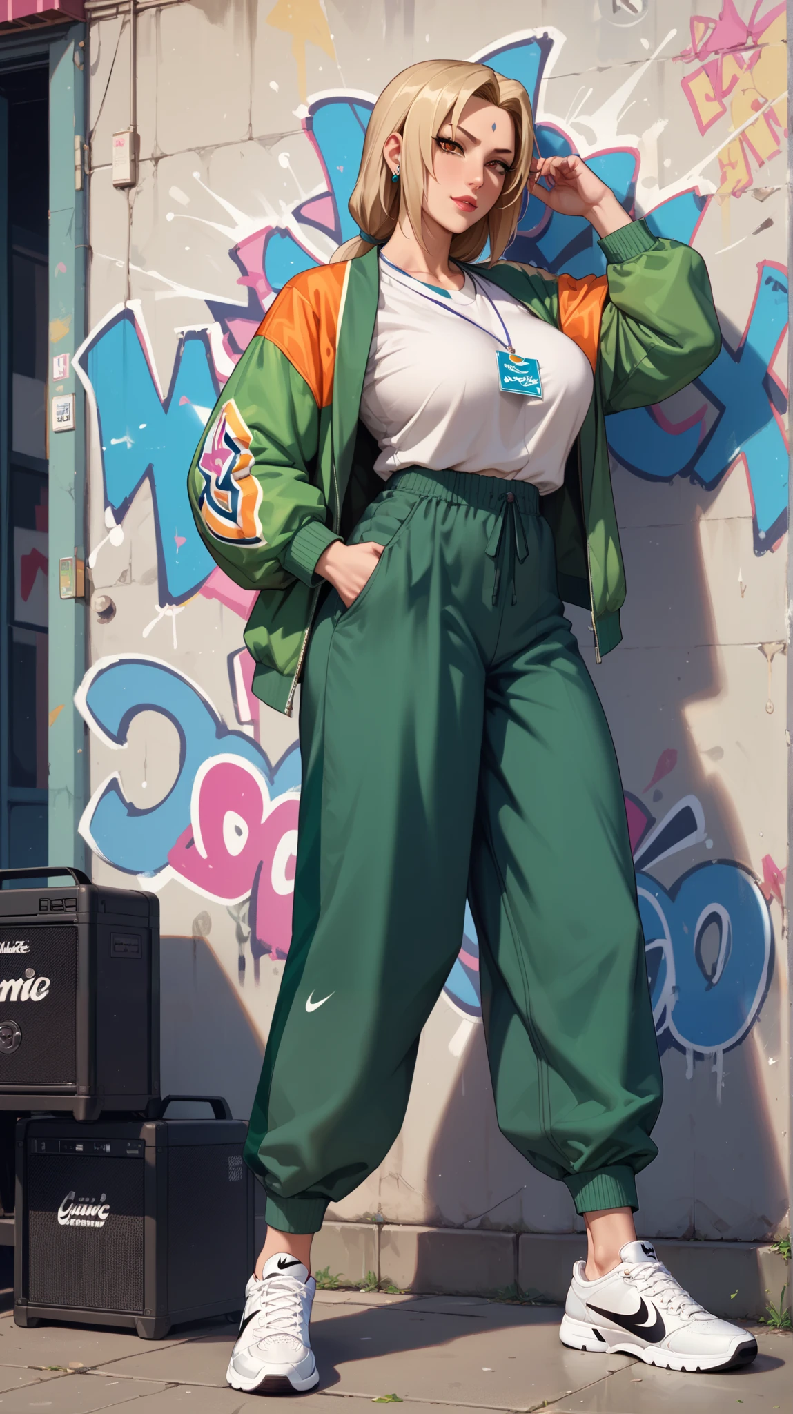 Score_9, Score_8_up, Score_7_up, Score_6_up, Score_5_up, Score_4_up, Source_anime, Tag1, Tag2, quality_masterpiece, Anatomically correct, Thick thighs, Sensual woman, mature female, milf, motherly, Seductive, Tsunade, hip-hop elements, BREAK ,action_squating, pose_dance, jacket undone, colorful jacket, baggy pants, Nike shoes, boom box, hip-hop culture, graffiti,