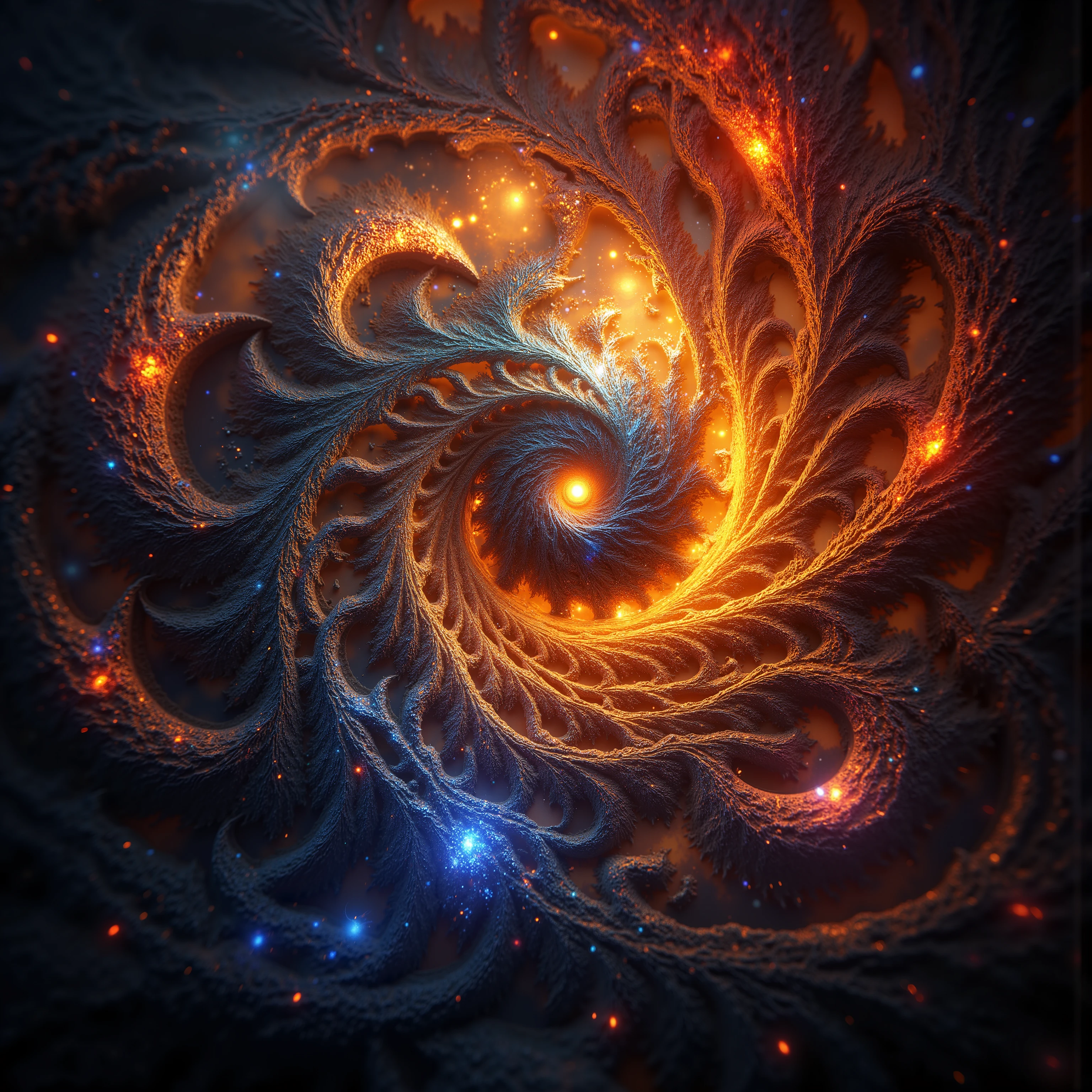 Create a 3d masterpiece from this swirling spiral image. Enhance the colors and depth of field, UHDR, and give some realistic sunstance and texture to go with the colors in a way that will make the image appear to come right off the screen at the viewer Attention to detailbon the creation of the substance and texture. Fractal Geometry should build up the patterns that could be used for texture and decorate the ends of the arms of the spirals. Make everything pop with realistic looking features and professional level quality artwork. Highers, cinematic photography, cinematic portrait, cinematic lighting, portrait photography, hyperrealism, ultra detailed images, award winning, God rays, backlighting with depth of field and realism a priority. Icon style imagery. Iconic features to the extreme. Dramatic cinematography, 8k, ultra-fine painting, sharp focus, and clean, clear, ink highlighted artwork. Photorealistic and third demintonal work. Awe-inspiring, stunning,beautiful,iconic masterpiece.