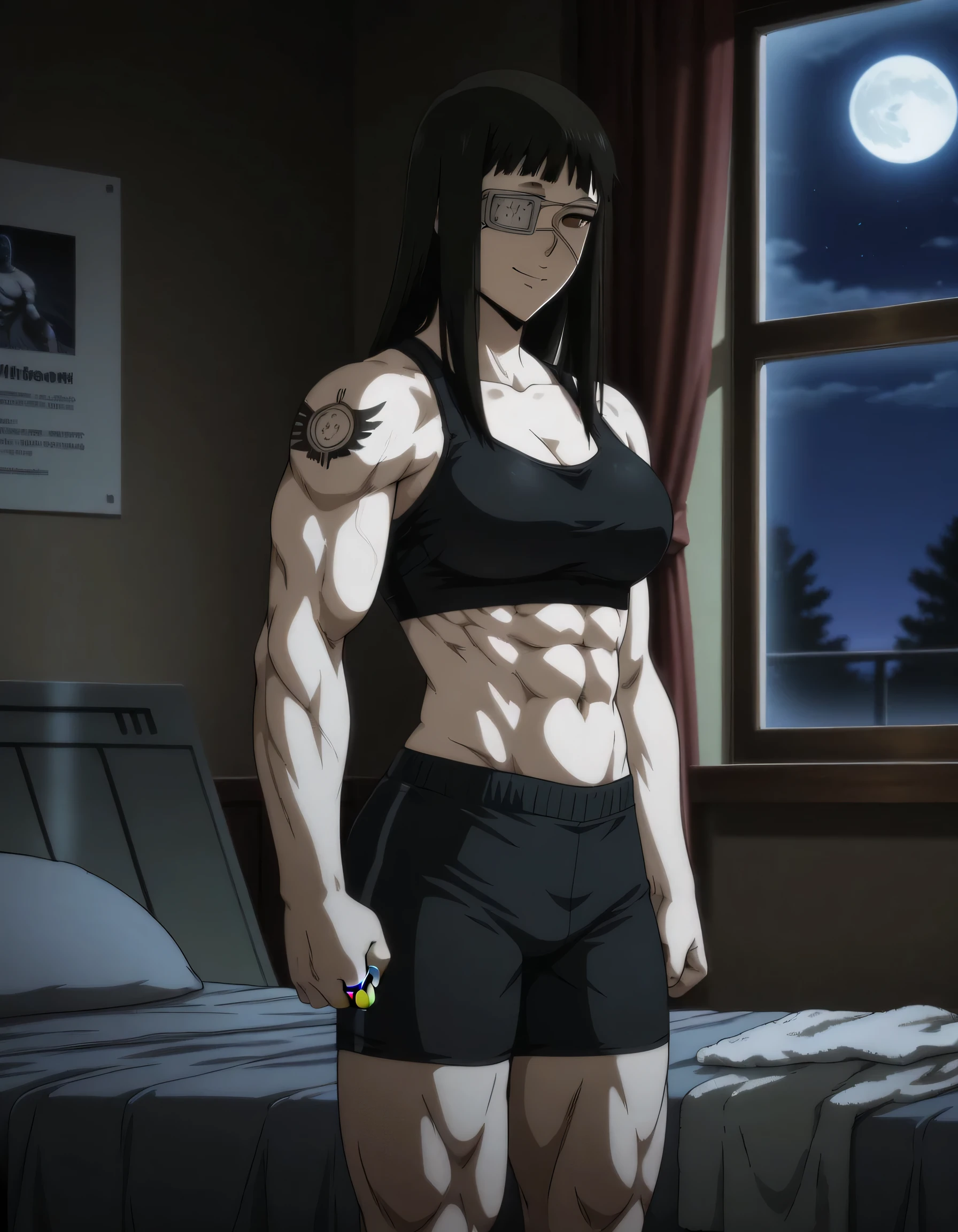 (best quality,ultra-detailed,realistic:1.37),musclaur badass girl with sculpted body with preview her musclaur body and six-pack, full review of the female character's face and body, intense expression, strong and confident posture, studio lighting, vivid colors, physiologically-based rendering, grungy texture, rugged background, dust particles in the air, commanding presence, professional, powerful, gritty aesthetics,,Valmet،short hair,necklace,Light reflection on shoulders,Sweat in muscles،A devious smile،wearing military underwear and midriff tank top, tattoos on shoulders،Fat free body,Hand veins,An erect genital organ inside pants
