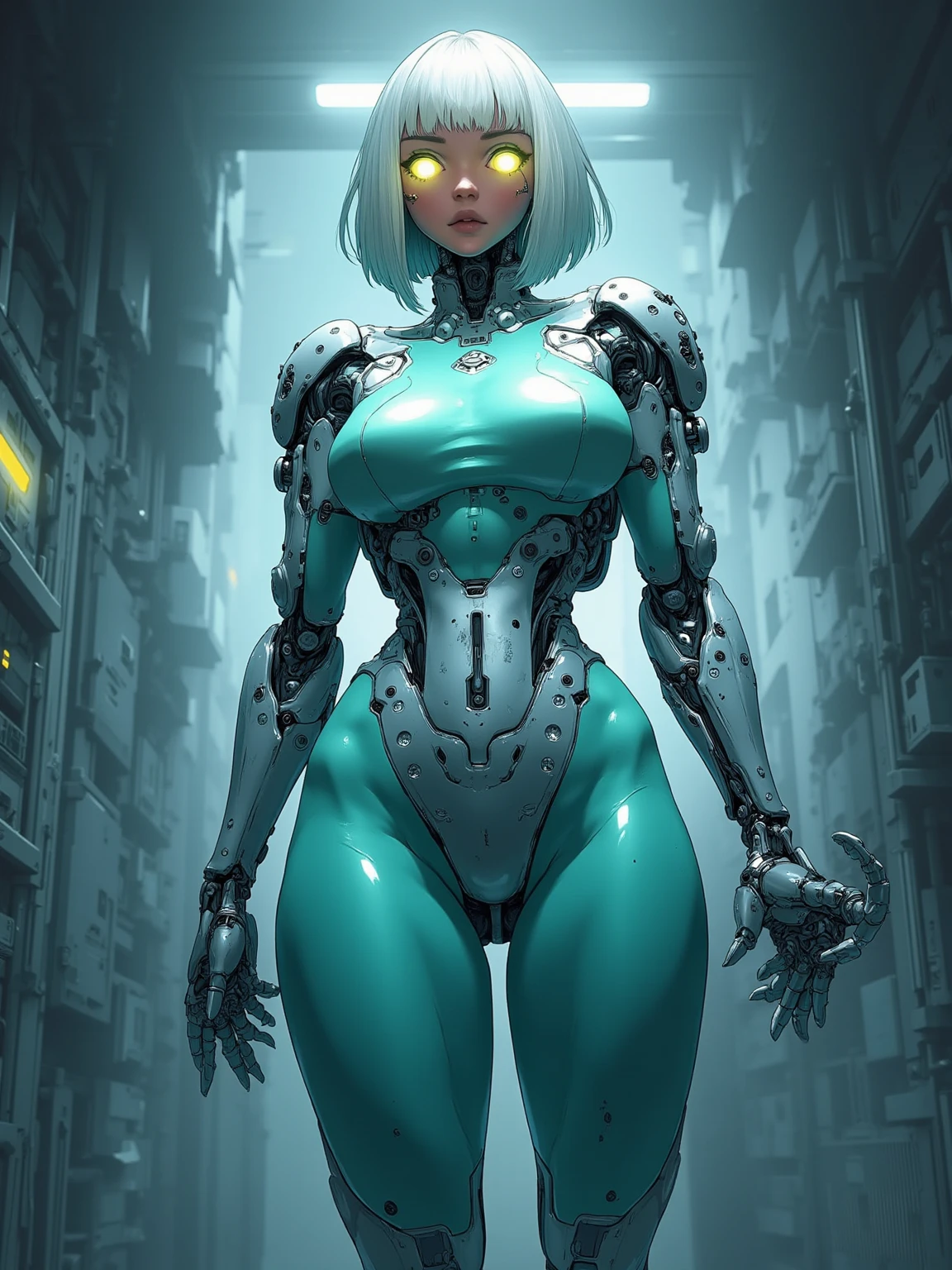 Generate an illustration of a mature Jade Cargill, ((wwe)), silver hair , (black skin), de terno preto, (bikini:1.3), short hair, hair combed back, (gigantic breasts:1.3), in anime format with a serious style, (green Leggings), ((white and black bikini)), black boots, gothic make up, masterpiece, ((dark lighting)), black background, (puffy lips),((slendered abs)), beautiful face,