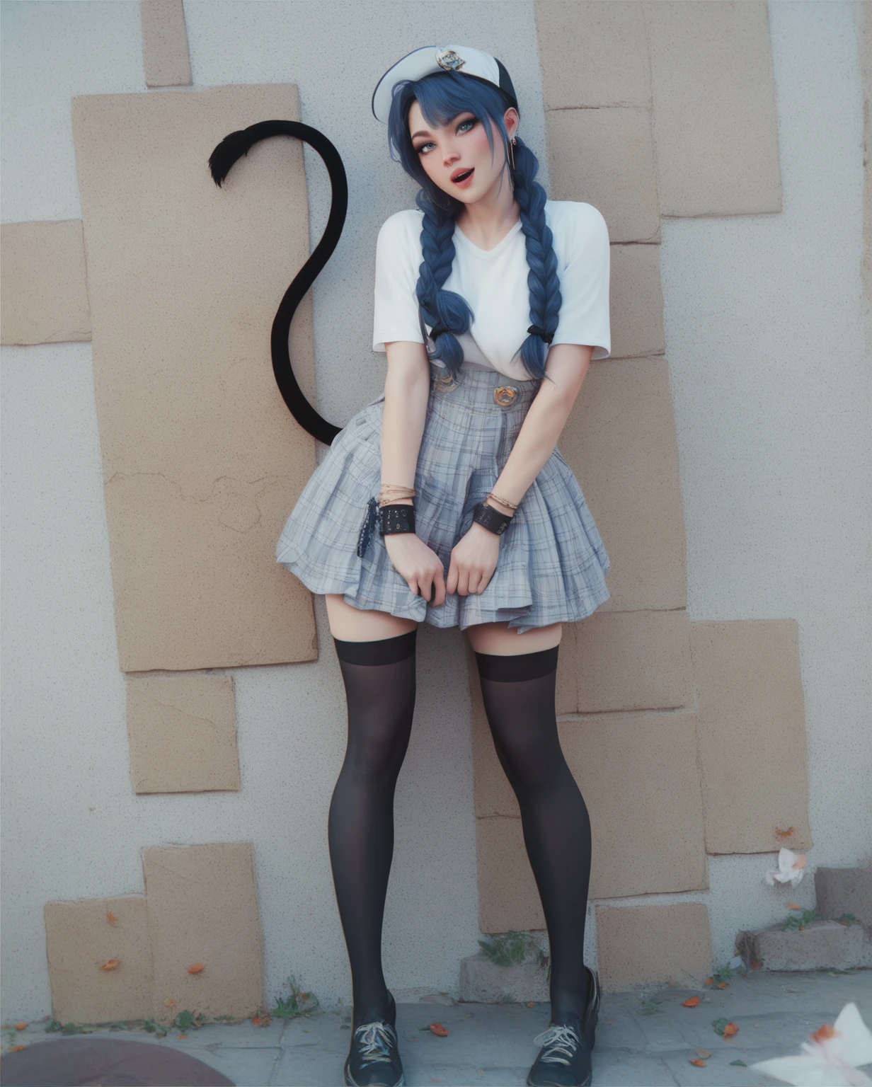 Jinx nurse,nurse hat,(White nurse costume),red rose tattoo,Blue twist braid,Runaway Lori,League of Legends ,full bodyesbian,(kneehigh boots)),(fishnet leggings),(standing on your feet),The background is the city street,There is a sense of danger and intensity。
