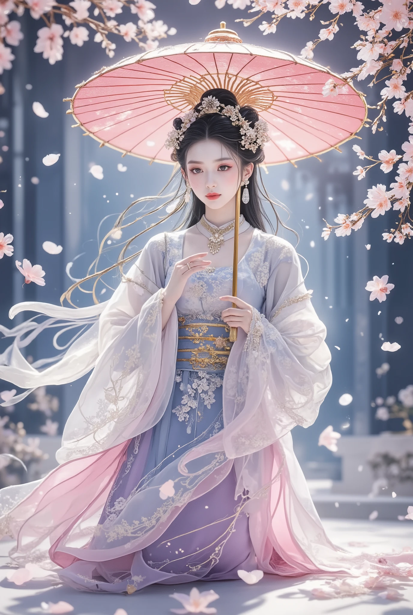 beautiful ladies of the palace ,  gorgeous and beautiful palace outfit . 
 vast palace gardens ,  surrounded by falling cherry blossom petals. 
 different effects ,  professional and perfect composition , extremely thin image ,  extremely clear ,  bold and dynamic ,  contrasts of light and shadow ,  ultra detailed,  absolute resolution ,  masterpiece