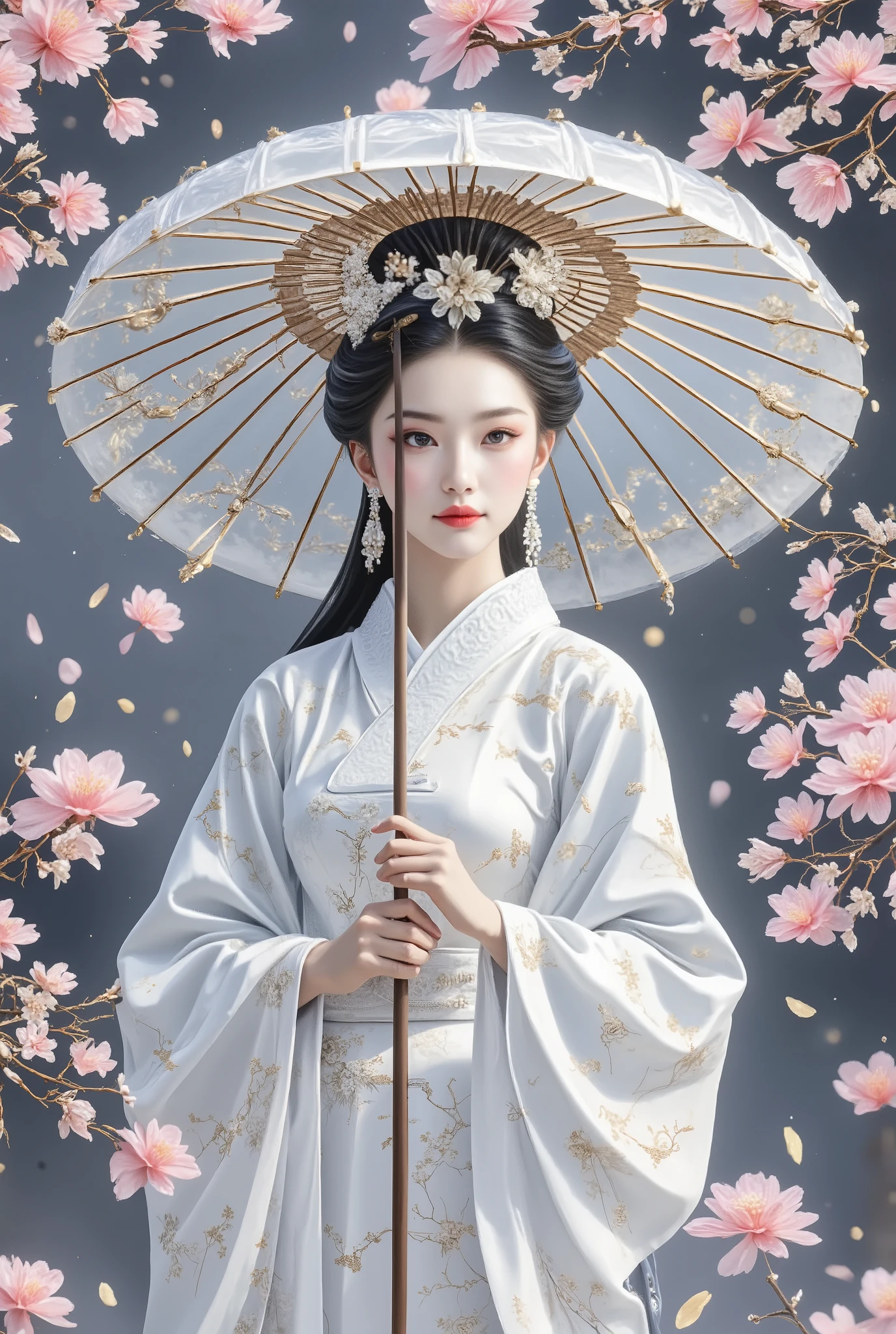 beautiful ladies of the palace ,  gorgeous and beautiful palace outfit . 
 vast palace gardens ,  surrounded by falling cherry blossom petals. 
 different effects ,  professional and perfect composition , extremely thin image ,  extremely clear ,  bold and dynamic ,  contrasts of light and shadow ,  ultra detailed,  absolute resolution ,  masterpiece