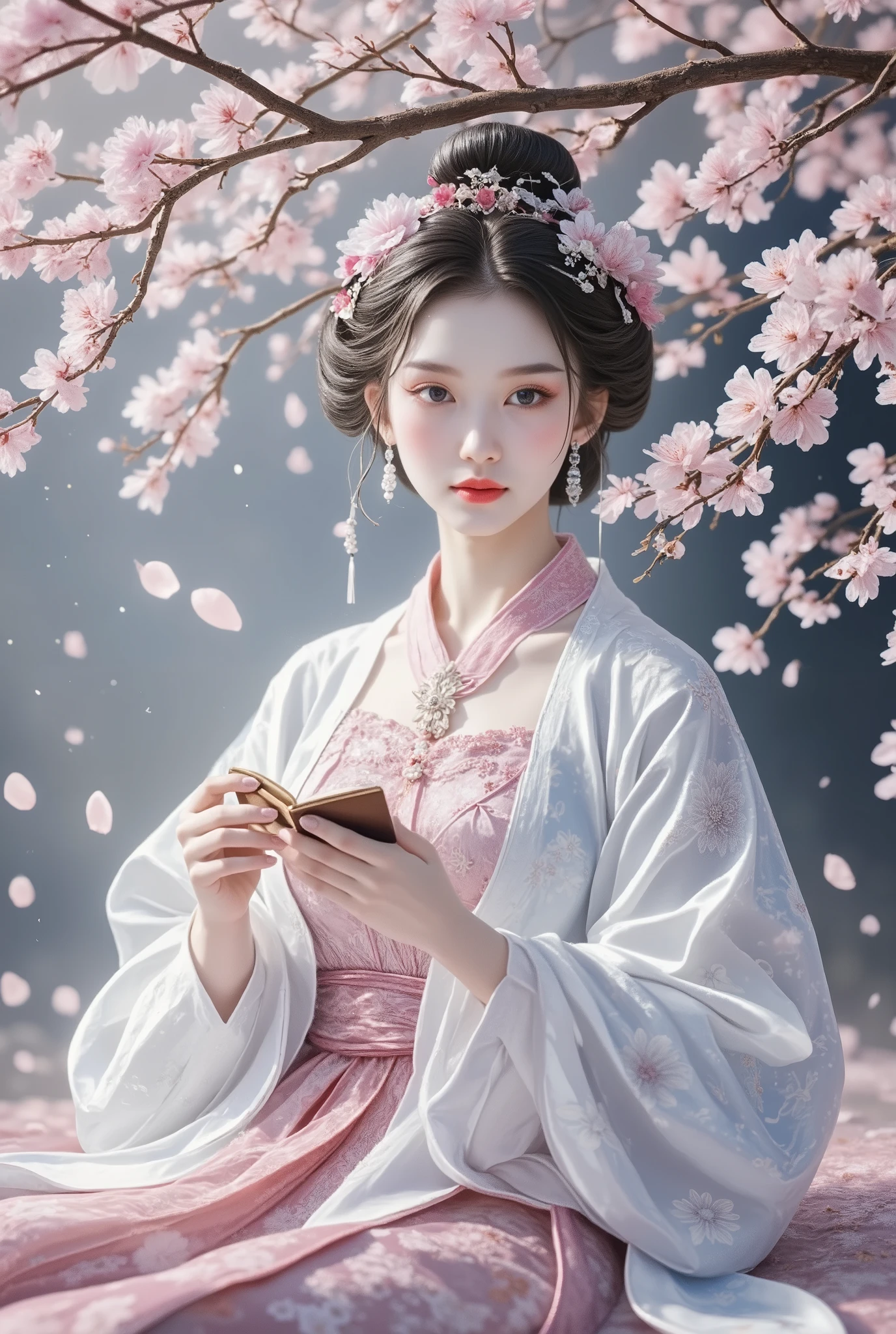 beautiful ladies of the palace , gorgeous and beautiful palace outfit .
vast palace gardens , surrounded by falling cherry blossom petals.
different effects , professional and perfect composition , extremely thin image , extremely clear , bold and dynamic , contrasts of light and shadow , ultra detailed, absolute resolution , masterpiece