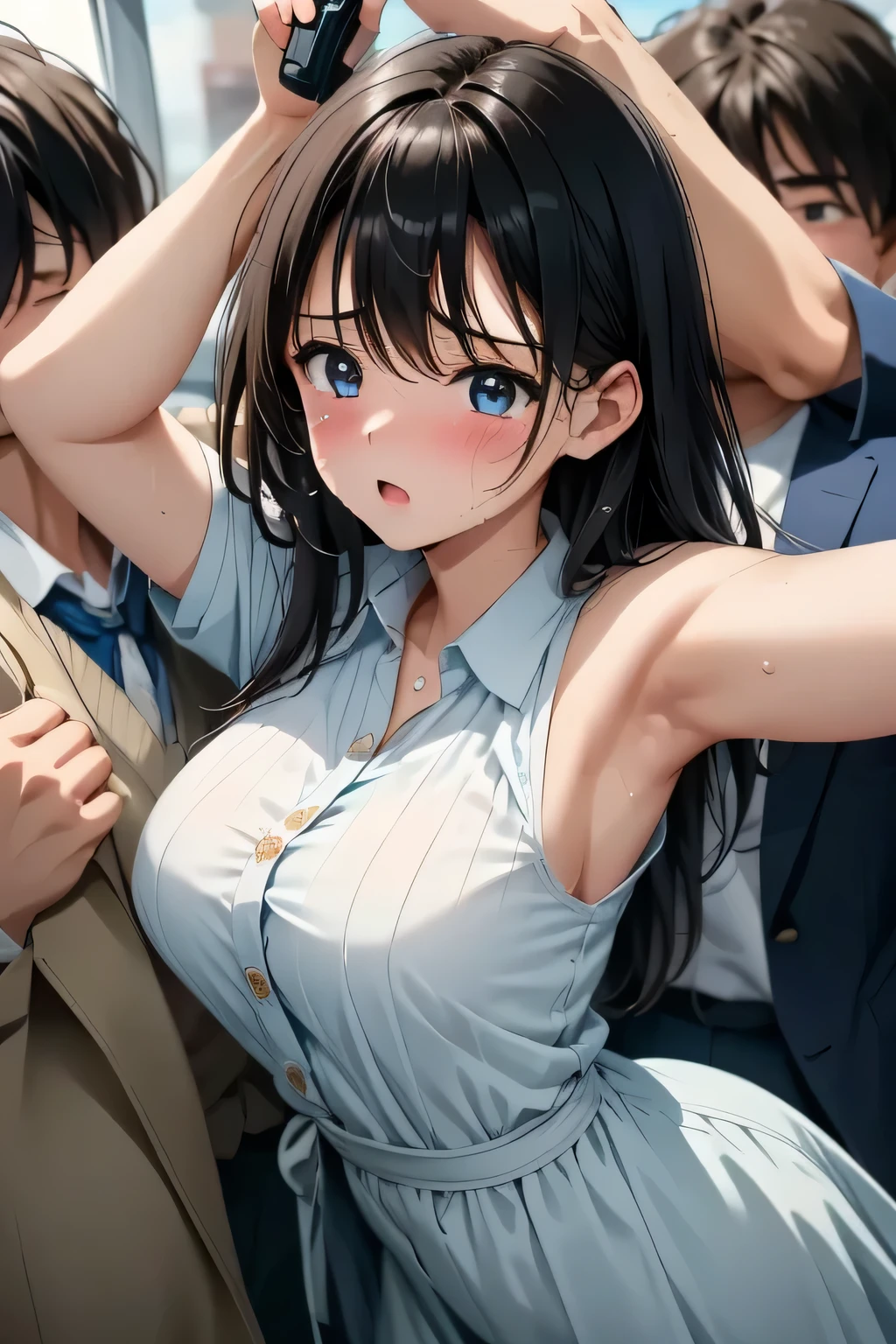 ( manga 、anime、story)、( Masterpiece 、 Top Quality、 super high definition )、( perfect face 、 facial beauty、 beautiful eyes )、(cry、 resists 、 embarrassing 、 blanking in the heart of the city)、sweat、 big breasted 、The button comes off 、 dress shirt 、 white shirt、 、 embarrassing 、 blanking in the heart of the city、gunを構える、gun、,( I'm surrounded by lots of men 、 Man Hugs Woman 、 Men's ribbed armpits 、)、、handcuffs、 my hands are tied with tape 、 in the train、、 many hands touch women、 lots of hands touch my body 、cry、 shed tears、Cover your mouth with your hand