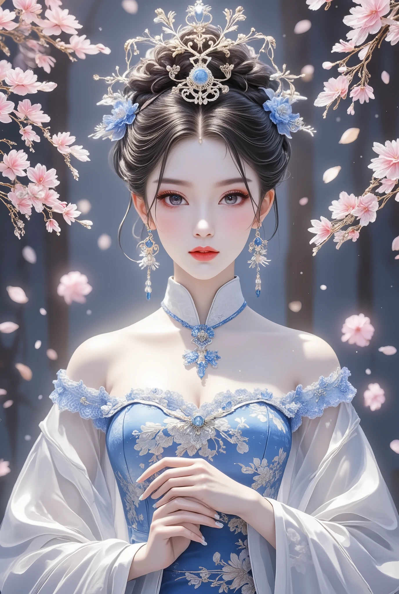 beautiful ladies of the palace , gorgeous and beautiful palace outfit .
vast palace gardens , surrounded by falling cherry blossom petals.
different effects , professional and perfect composition , extremely thin image , extremely clear , bold and dynamic , contrasts of light and shadow , ultra detailed, absolute resolution , masterpiece