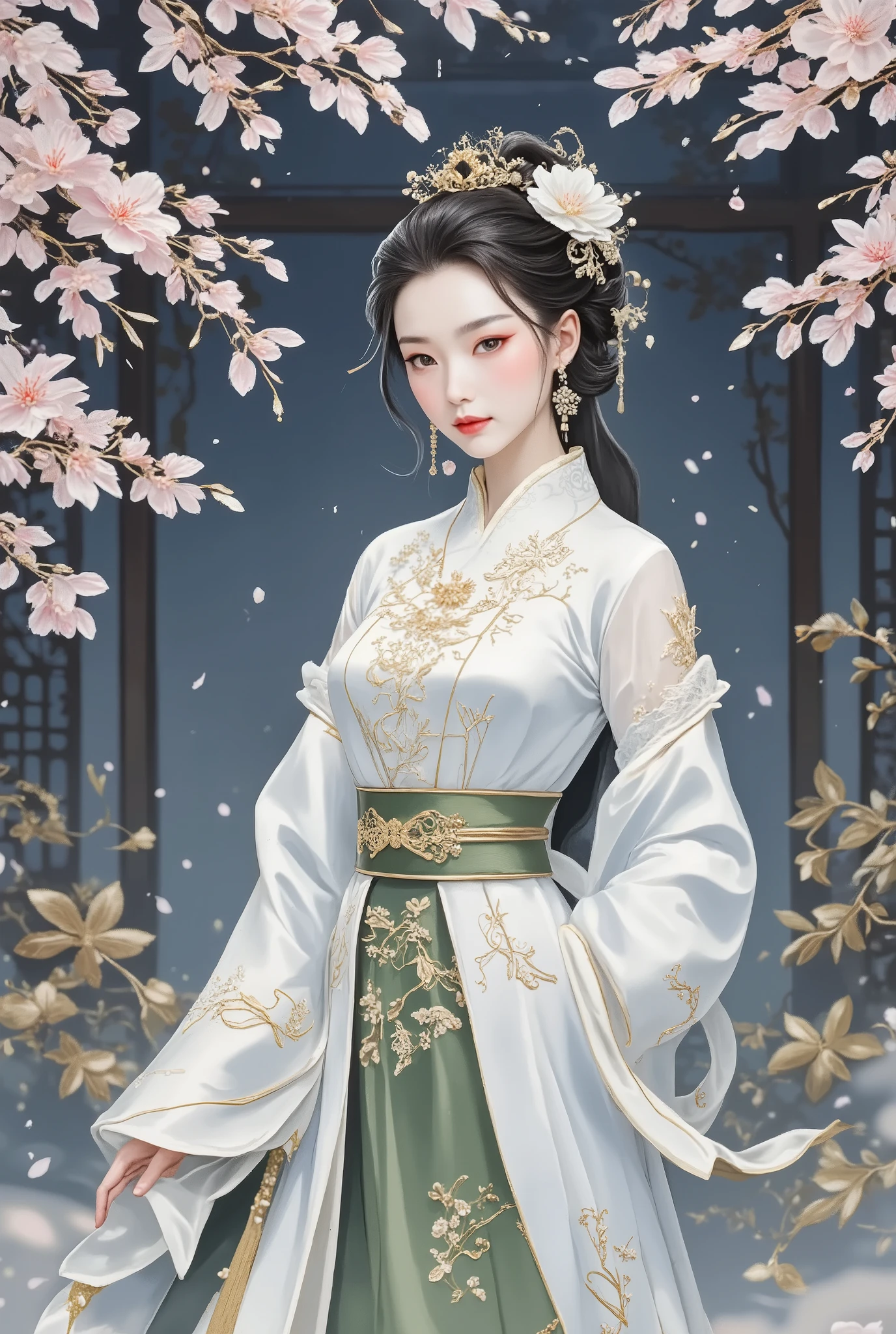 beautiful ladies of the palace ,  gorgeous and beautiful palace outfit . 
 vast palace gardens ,  surrounded by falling cherry blossom petals. 
 different effects ,   professional and perfect composition , extremely thin image ,  extremely clear ,  bold and dynamic ,  contrasts of light and shadow ,  ultra detailed,  absolute resolution ,  masterpiece