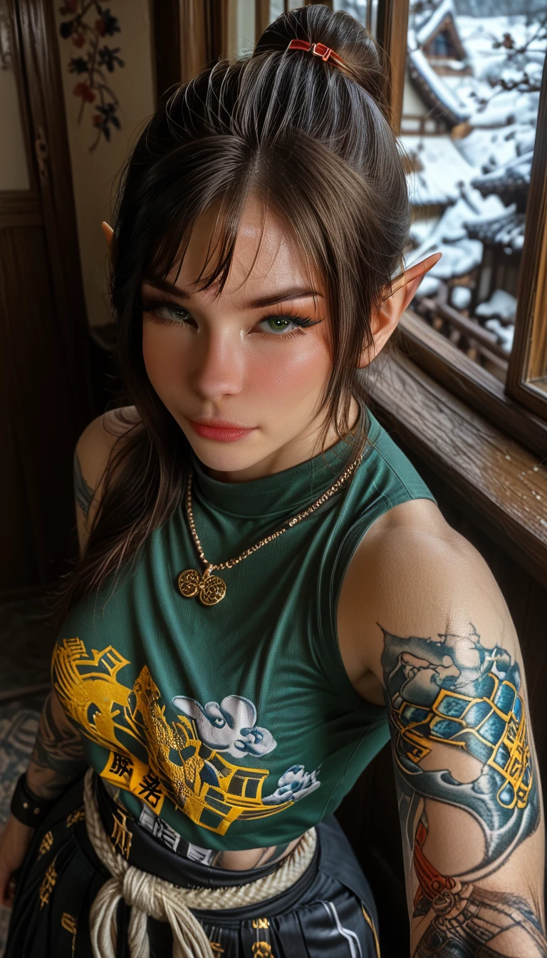 absurdres, foto RAW, mais alta qualidade, (obra-prima: 1.3), foto de cor RAW de alto detalhe, foto profissional, unidade de papel de parede CG 8k extremamente detalhada, foto-realista, realista, foto RAW, obra-prima, melhor qualidade, highres, illustration, 1girl, 16 ANOS, baixinha, tiny girl, magra, branca, ruiva, cabelo vermelho, cabelo ruivo com cachos, cabelo ondulado, curly hair, Average length, cabelo preso, pernas finas, rosto lindo perfeito com sardas, cardune lips, belos olhos realistas, olho direito verde, olho esquerdo azul, heterocromia, pale skin, textura de pele detalhada, seios planos, muito pequenos, bunda pequena. Rosas vermelhas tatuadas nos ombros, tattoos of pagan symbols on the forearms and hands. Corpo magro, esguio. Ruiva. Sorriso. Estilo bruxa. Pagan style, Celtic, wiccan. Escocesa. She looks amazing. (Vestido medieval azul com bordados, corset branco com bordados, colar com pingente de pentagrama, design detalhado), casa, noite.