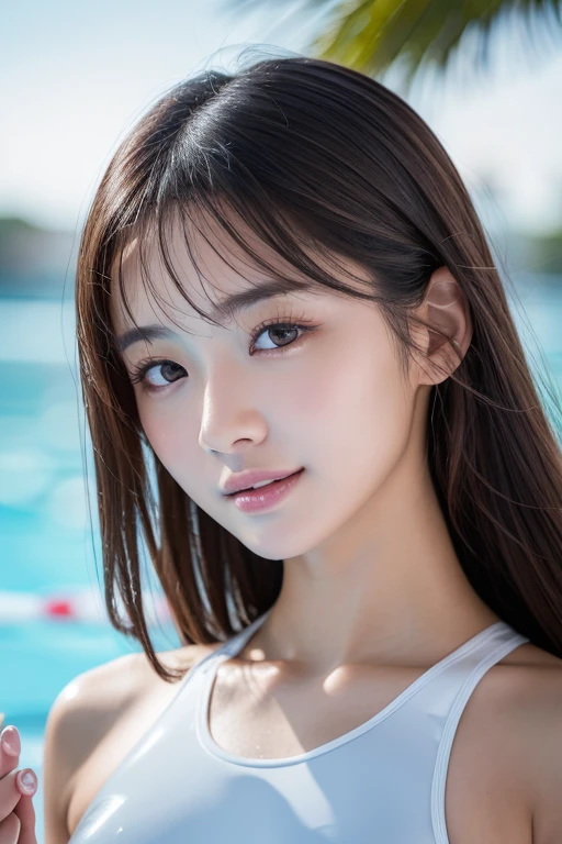 One girl, very cute, Great face and eyes, (Beautiful lovely smile), (Highly detailed beautiful face), Bright and shiny lips, Sexy Looks, Keep staring at me, (White Bra:1.3), (very elaborate lace bra:1.5),Smooth Skin, so beautiful, Charm, (Highest quality:1.4), (super high quality), (Super detailed), (Surreal, Photorealistic:1.37), Real skin texture, Intricate details, Highly detailed CG synthesis 8k wallpaper, RAW Photos, Professional photography, Cinema Lighting, (Palm tree), ((Outdoor poolside 1.5)),Small face:1.4,Figure from the waist up:1.2,Transparent bra,Medium chest,Look up,Red panties:1.3,Spread your arms wide:1.4,((Pose that doesn't show fingertips:1.4))、