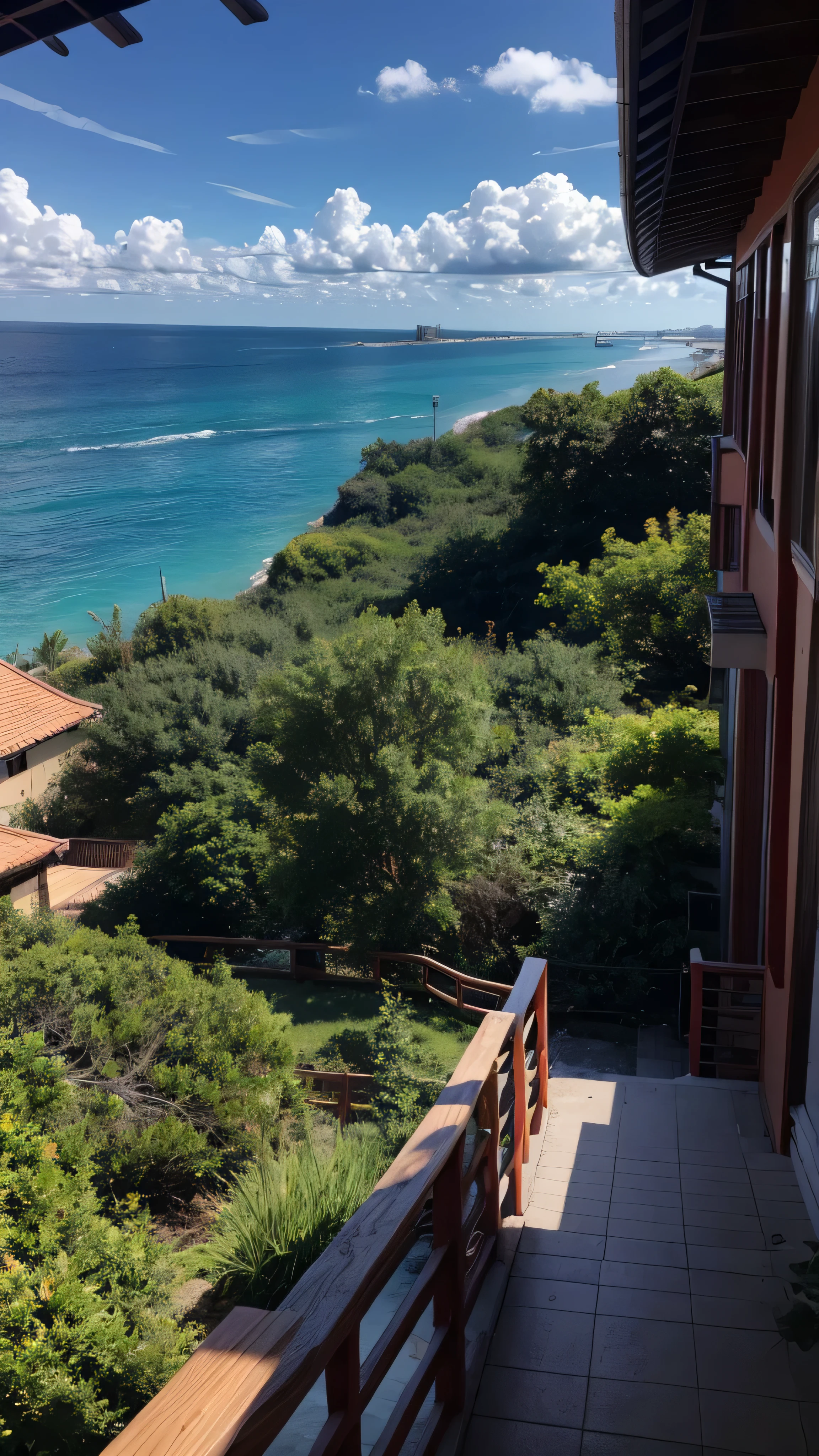 There is a balcony with a view of the ocean and a beach - SeaArt AI