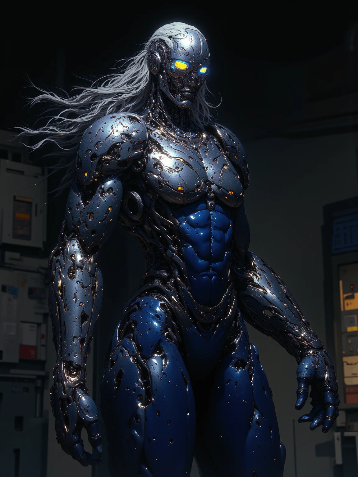 Pandora in a Cerulean Shell, Robotic Dark Blue skinned woman, Long Flowing Silver Hair, Large , muscular Build, wide hipped, thick muscular thighs, wearing a Silver Corset, iridescent yellow glowing glass eyes, standing in a laboratory