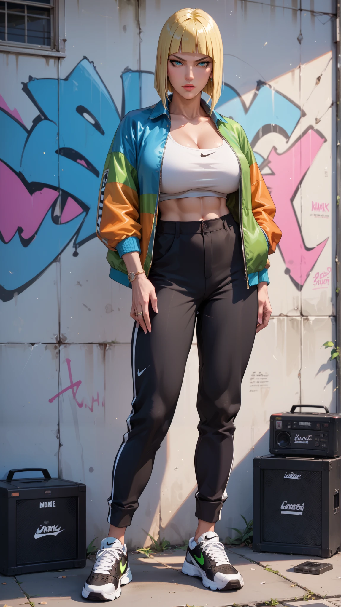 Score_9, Score_8_up, Score_7_up, Score_6_up, Score_5_up, Score_4_up, Source_anime, Tag1, Tag2, quality_masterpiece, Anatomically correct, Sensual woman, mature female, milf, motherly, Seductive, Samui, blonde hair, hip-hop elements, BREAK ,action_squating, undone jacket, colorful jacket, black baggy pants, Nike shoes, boom box, hip-hop culture, graffiti,