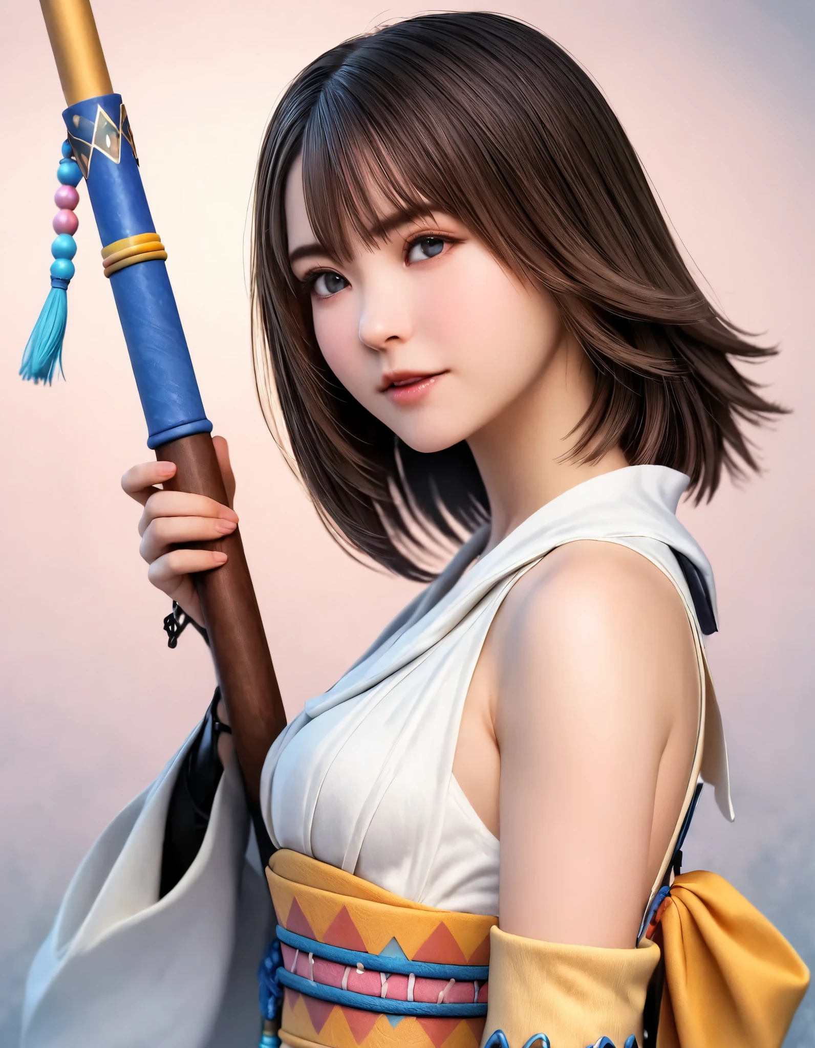 (best quality, 8k, high resolution:1.2), 1girl, FINAL FANTASY X, Yuna, upper body