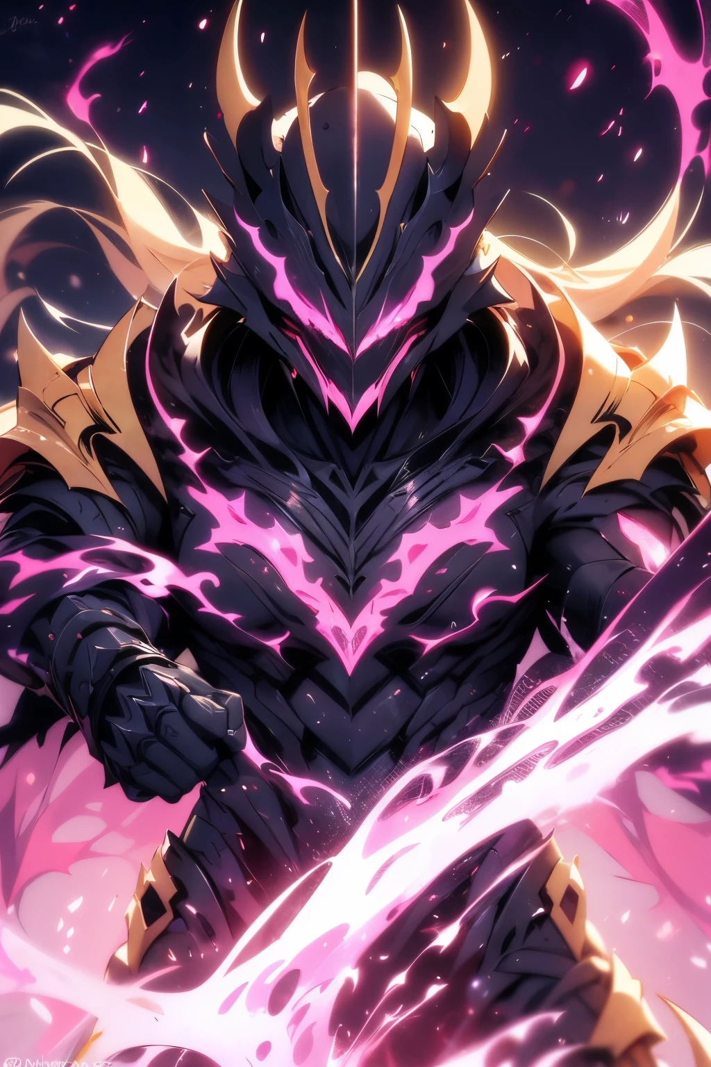 A sleek fantasy creature, a formidable hybrid entity, combining Super Saiyan Broly's pink veins and fierce features with Vasto Lorde Ichigo's grim gaze. Pink veins pulsating beneath the skin, orange blazing eyes emitting intense energy. Detailed muscle definition, realistic rendering in 4K, HDR, atmospheric lighting, sharp focus, and physically-based rendering. The hybrid entity's intense gaze exudes power, with a serious expression and clenched fists, showcasing the ultimate fusion of two legendary characters.