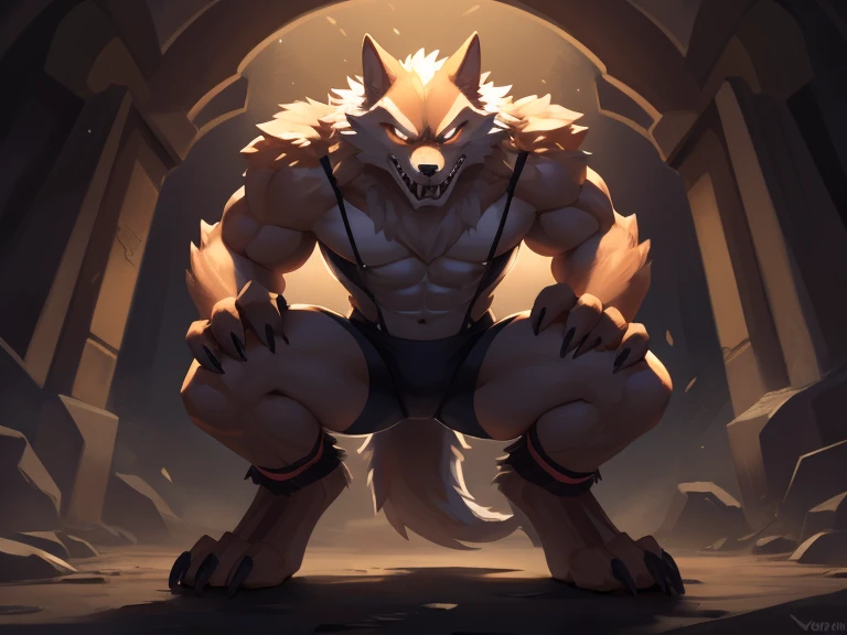 silver fur wolf、crying wolf、a screaming expression、lots of tears、Shining silver fur、wolf face and body、handcuffs、Hands in chains、arms raised above head、Raise your arms straight、abnormally developed muscles、silver mane、Belly so hairy that you can't see the skin、large amount of pubic hair、Hair around the navel、An overflowing amount of armpit hair、sharp fangs、huge bulge in the crotch、Crotch about to burst、Composition looking up from below、soaking wet body、Outline of an abnormally large male genitalia、Dark ruins background、sideways face、ethnic loincloth、restrained pose、sitting pose
